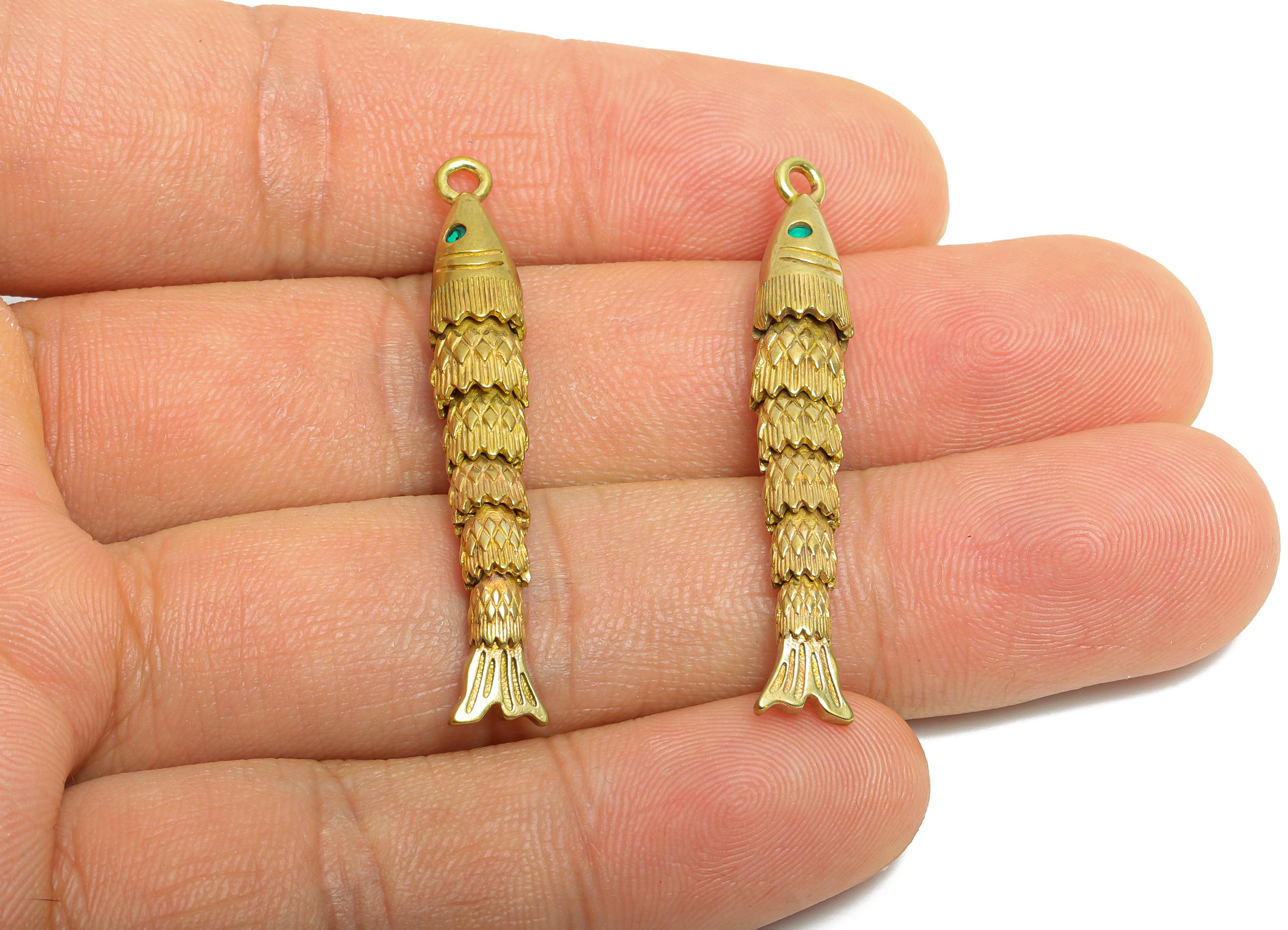 Movable 3D Articulated Fish Charm - Brass Green Zircon Fish Charm - DIY Bracelet Necklace Jewelry Making - Marine Pendant - 43x6x5mm-PP11125 - DOMEDBAZAAR