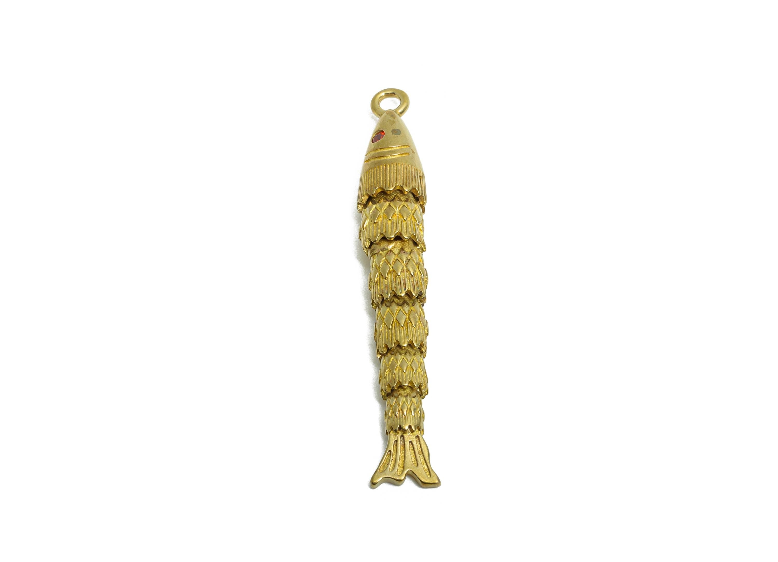 Movable 3D Articulated Fish Charm - Brass Red Zircon Fish Charm - DIY Bracelet Necklace Jewelry Making - Marine Pendant - 43x6x5mm - PP11126 - DOMEDBAZAAR