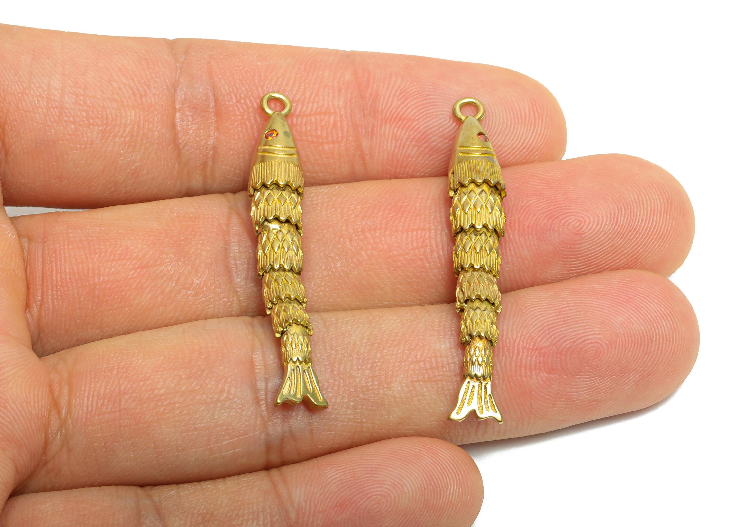 Movable 3D Articulated Fish Charm - Brass Red Zircon Fish Charm - DIY Bracelet Necklace Jewelry Making - Marine Pendant - 43x6x5mm - PP11126 - DOMEDBAZAAR