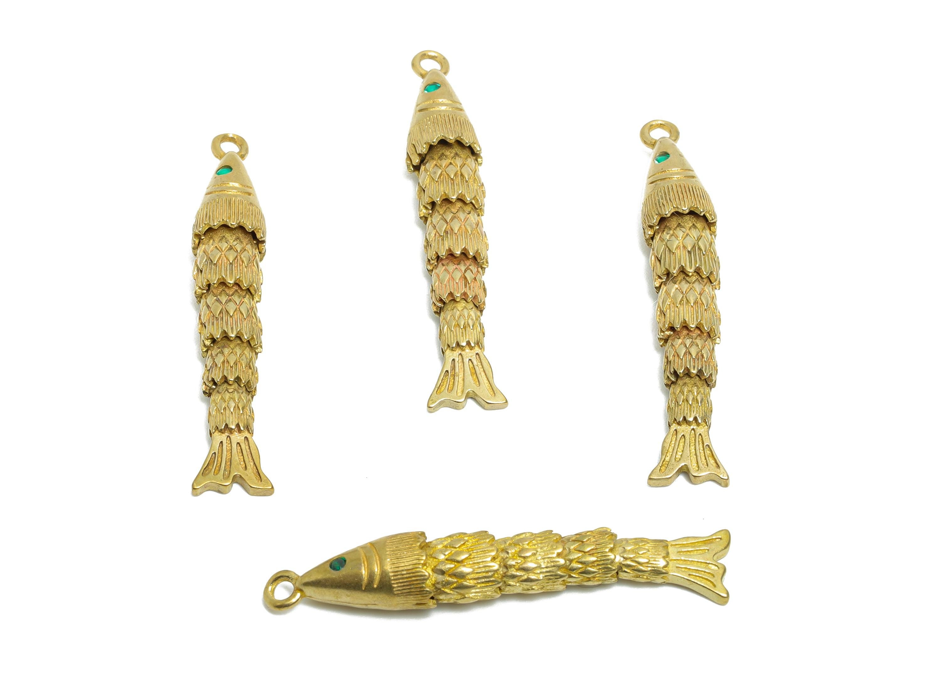 Movable 3D Articulated Fish Charm - Brass Green Zircon Fish Charm - DIY Bracelet Necklace Jewelry Making - Marine Pendant - 36x6x5mm-PP11123 - DOMEDBAZAAR