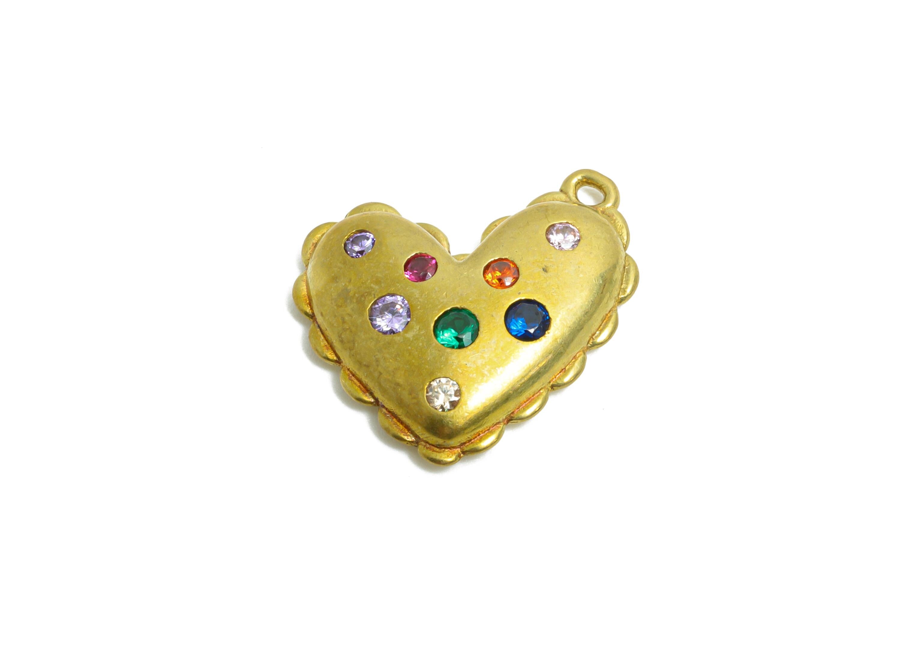 Brass Heart Earring Charms - Raw Brass Romantic Heart Pendant - Colorful Zircon Heart Charms - Decorative Jewelry - 16.8x15x3.56mm - PP11093 - DOMEDBAZAAR