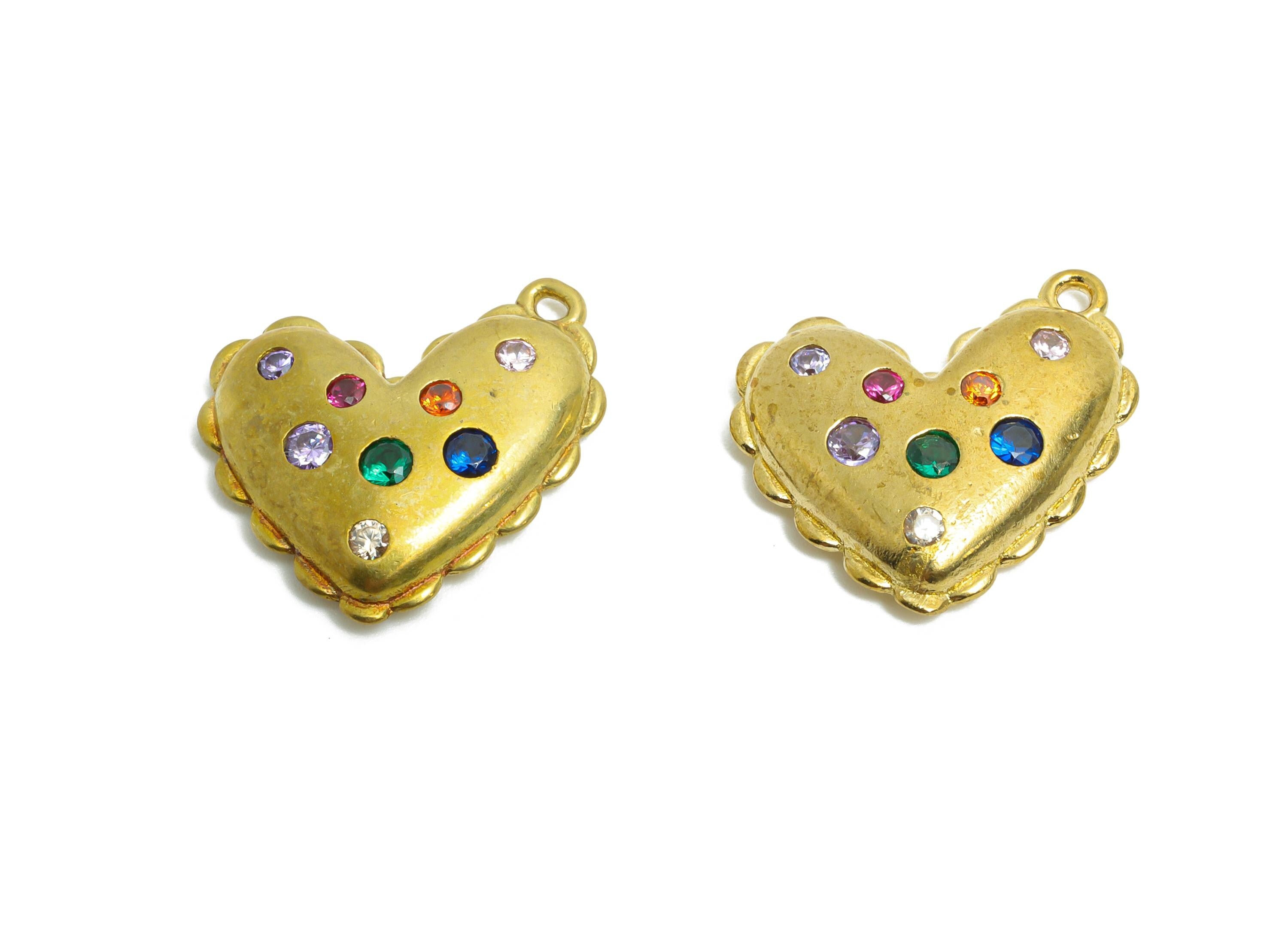 Brass Heart Earring Charms - Raw Brass Romantic Heart Pendant - Colorful Zircon Heart Charms - Decorative Jewelry - 16.8x15x3.56mm - PP11093 - DOMEDBAZAAR