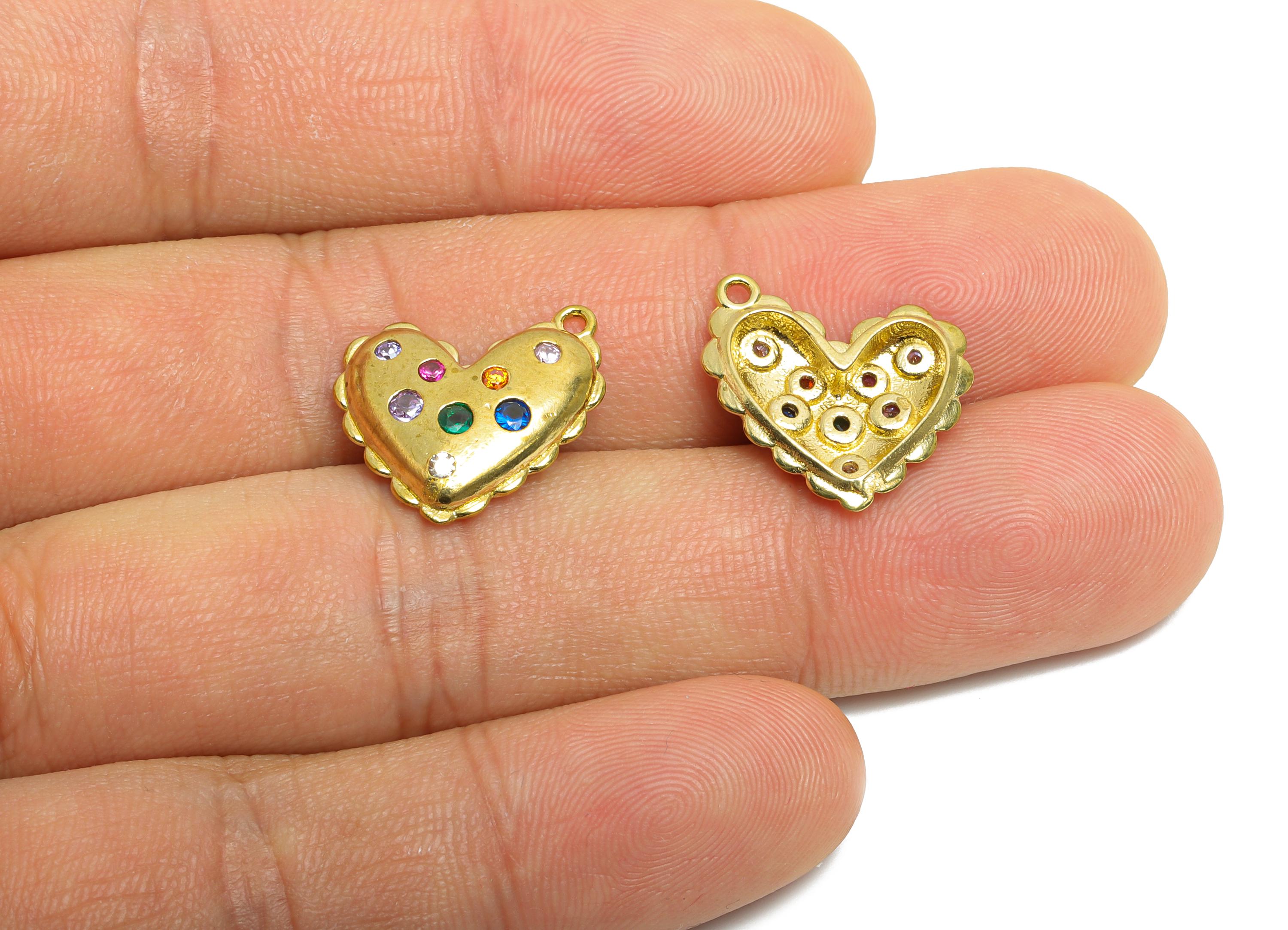 Brass Heart Earring Charms - Raw Brass Romantic Heart Pendant - Colorful Zircon Heart Charms - Decorative Jewelry - 16.8x15x3.56mm - PP11093 - DOMEDBAZAAR