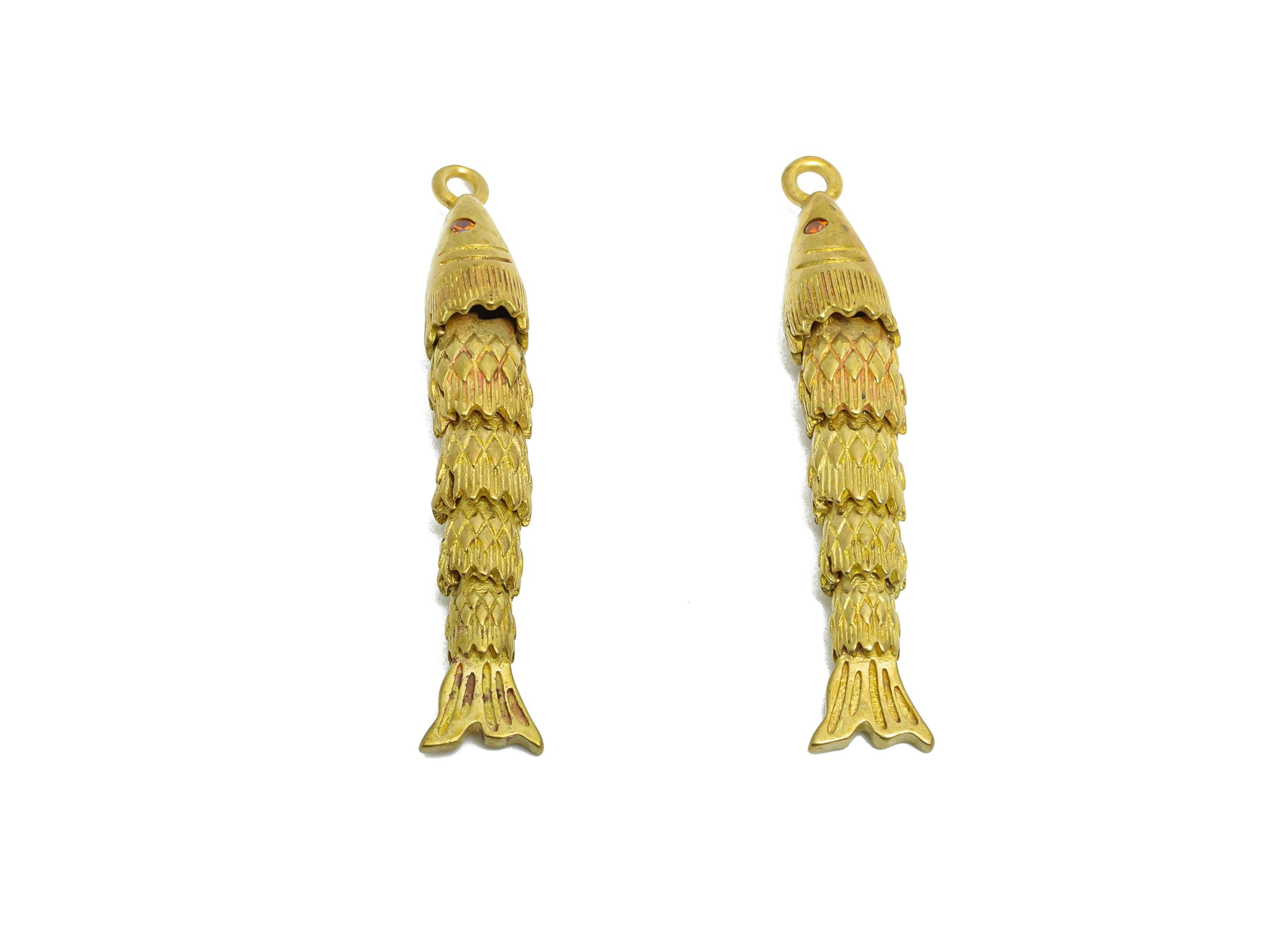 Movable 3D Articulated Fish Charm - Brass Red Zircon Fish Charm - DIY Bracelet Necklace Jewelry Making - Marine Pendant - 36x6x5mm - PP11124 - DOMEDBAZAAR