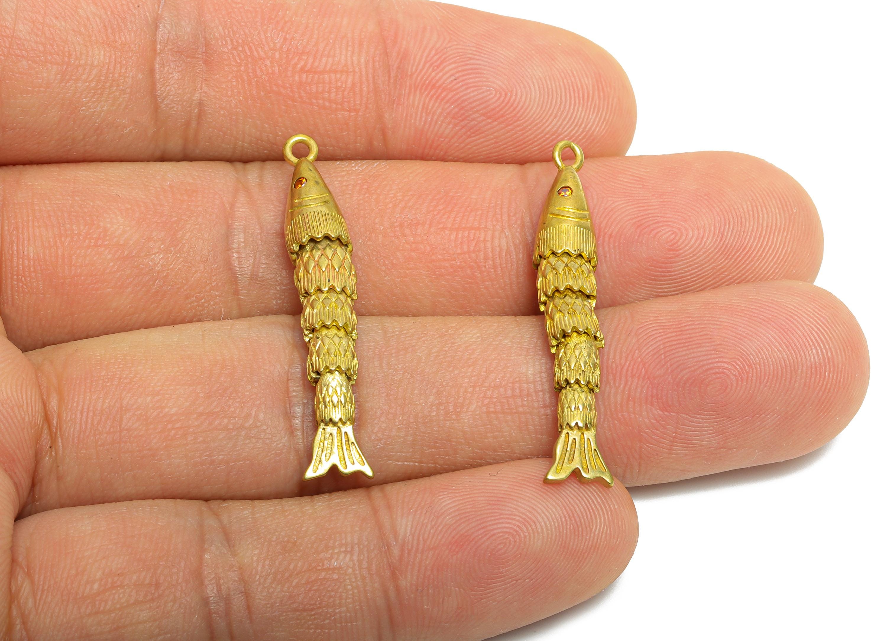 Movable 3D Articulated Fish Charm - Brass Red Zircon Fish Charm - DIY Bracelet Necklace Jewelry Making - Marine Pendant - 36x6x5mm - PP11124 - DOMEDBAZAAR