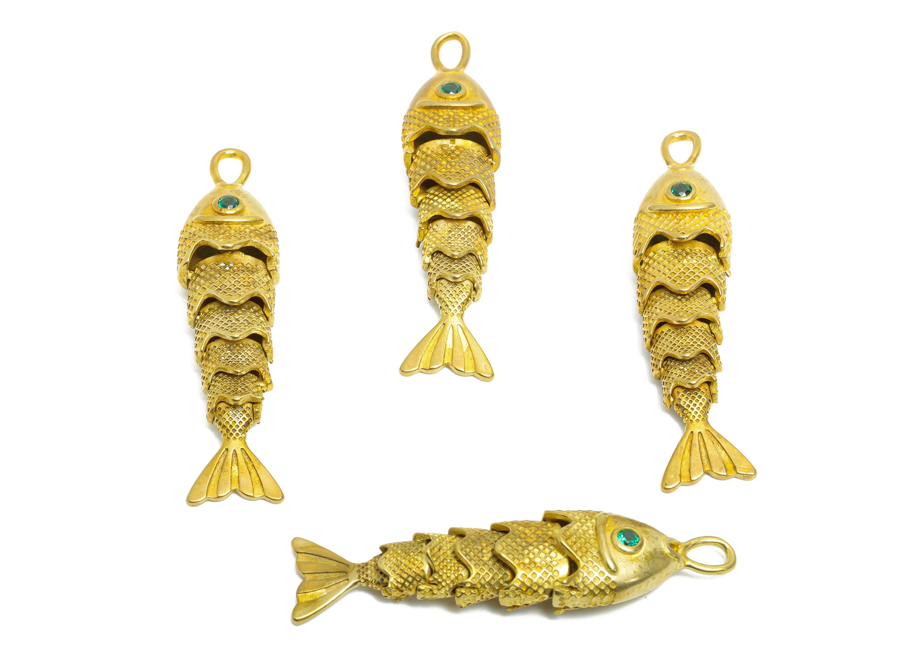 Movable 3D Articulated Fish Charm - Brass Green Fish Charm - DIY Bracelet Necklace Jewelry Making - Marine Pendant - 40x9.7x7.31mm - PP11119 - DOMEDBAZAAR