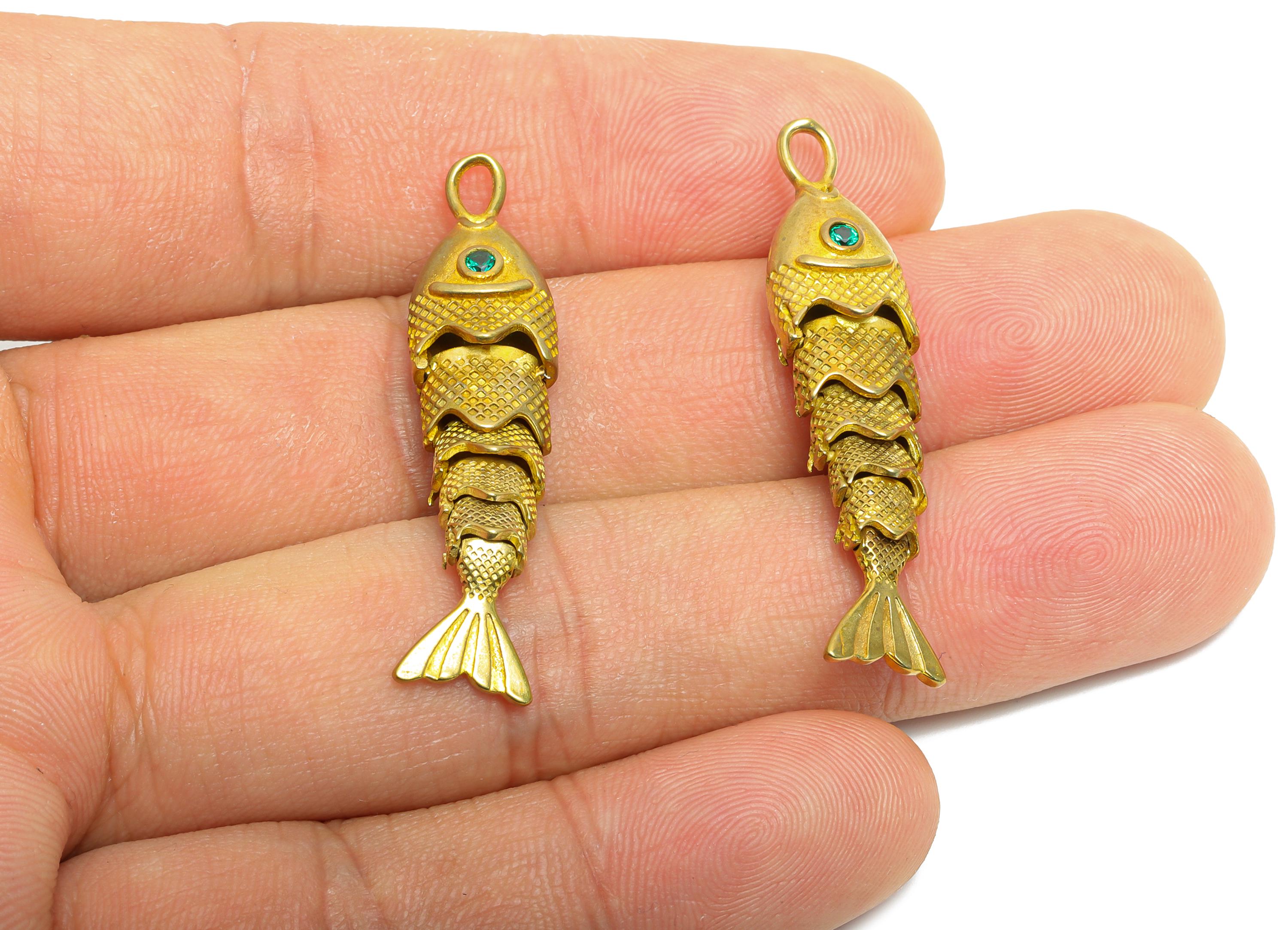 Movable 3D Articulated Fish Charm - Brass Green Fish Charm - DIY Bracelet Necklace Jewelry Making - Marine Pendant - 40x9.7x7.31mm - PP11119 - DOMEDBAZAAR