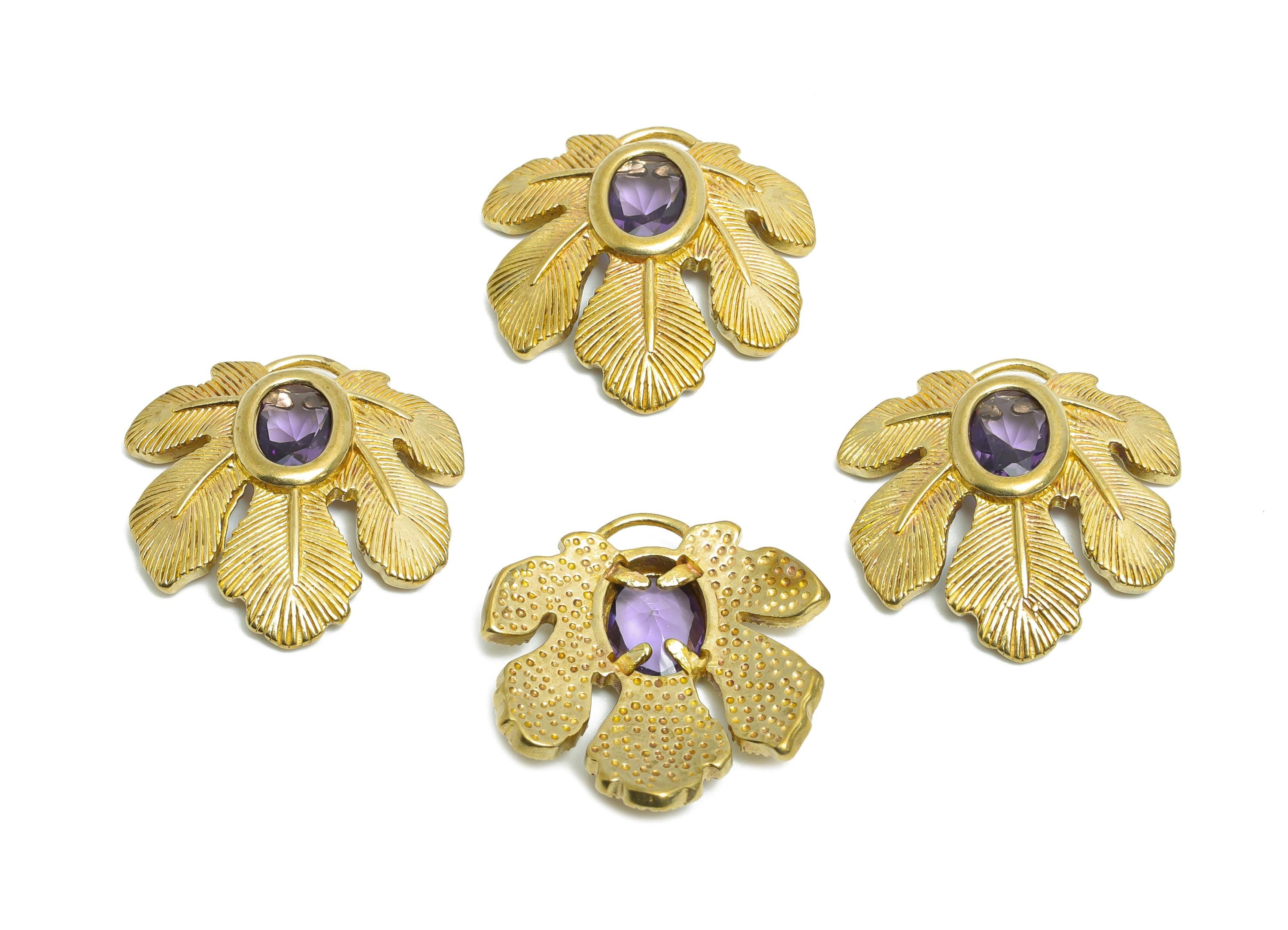Raw Brass Leaf Charms- Brass Tropical Leaf Charm - Elegant Purple Crystal Botanical Charms - Refined Jewelry Making - 22.3x22.3x4mm -PP11091 - DOMEDBAZAAR