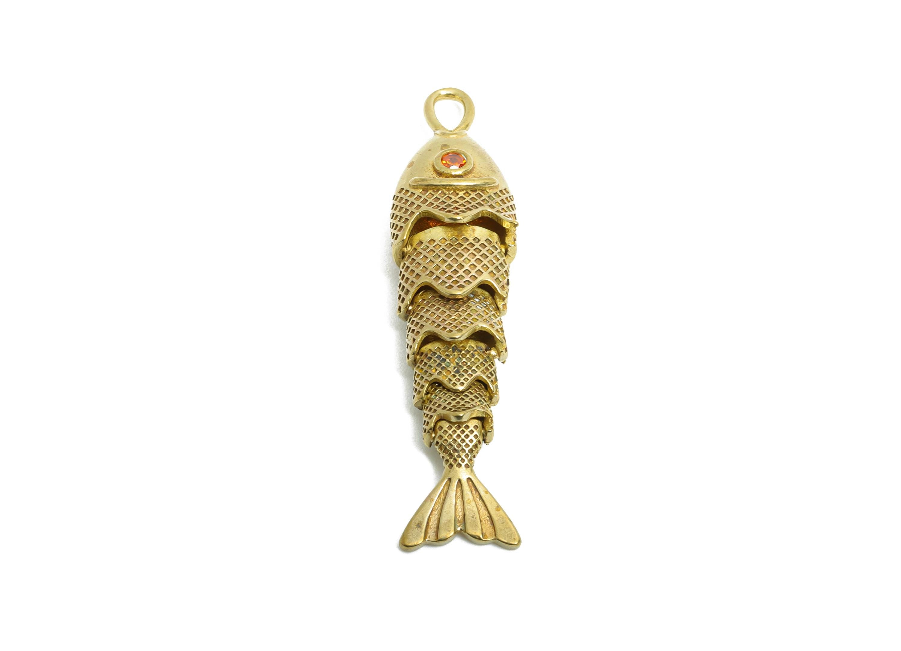 Movable Articulated Fish Charm - Brass Orange CZ Charm - DIY Bracelet Necklace Handmade Fish Charm - Marine Pendant - 40x9x7mm - PP11120 - DOMEDBAZAAR