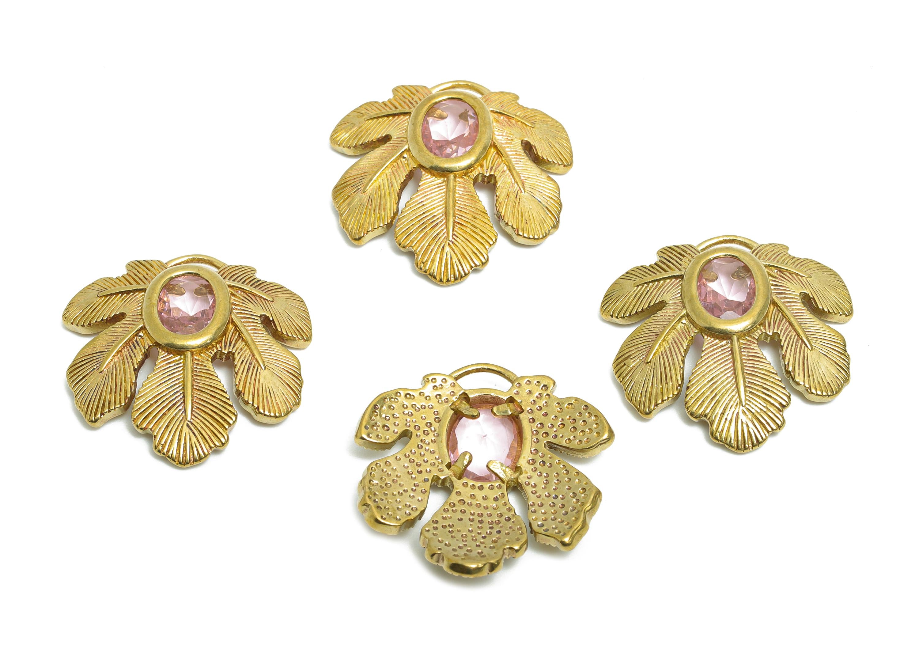 Raw Brass Leaf Charms- Brass Tropical Leaf Charms - Elegant Pink Crystal Botanical Charms - Refined Jewelry Making - 22.3x22.3x4mm - PP11089 - DOMEDBAZAAR