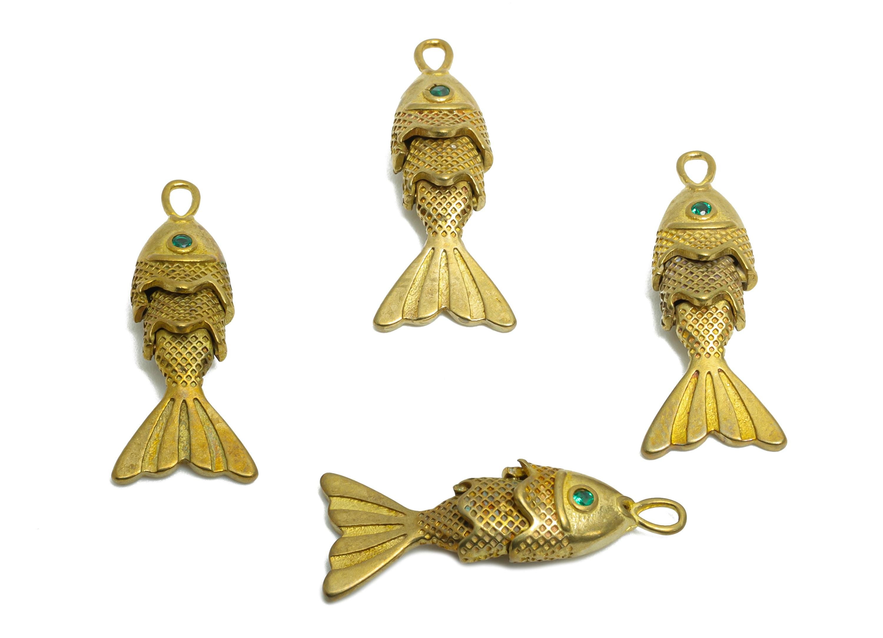 Movable Articulated Fish Charm - Brass Textured Dainty Fish Charm - Cubic Zircon Green Articulated Fish Earring Charm - 22x9x4mm - PP11110 - DOMEDBAZAAR