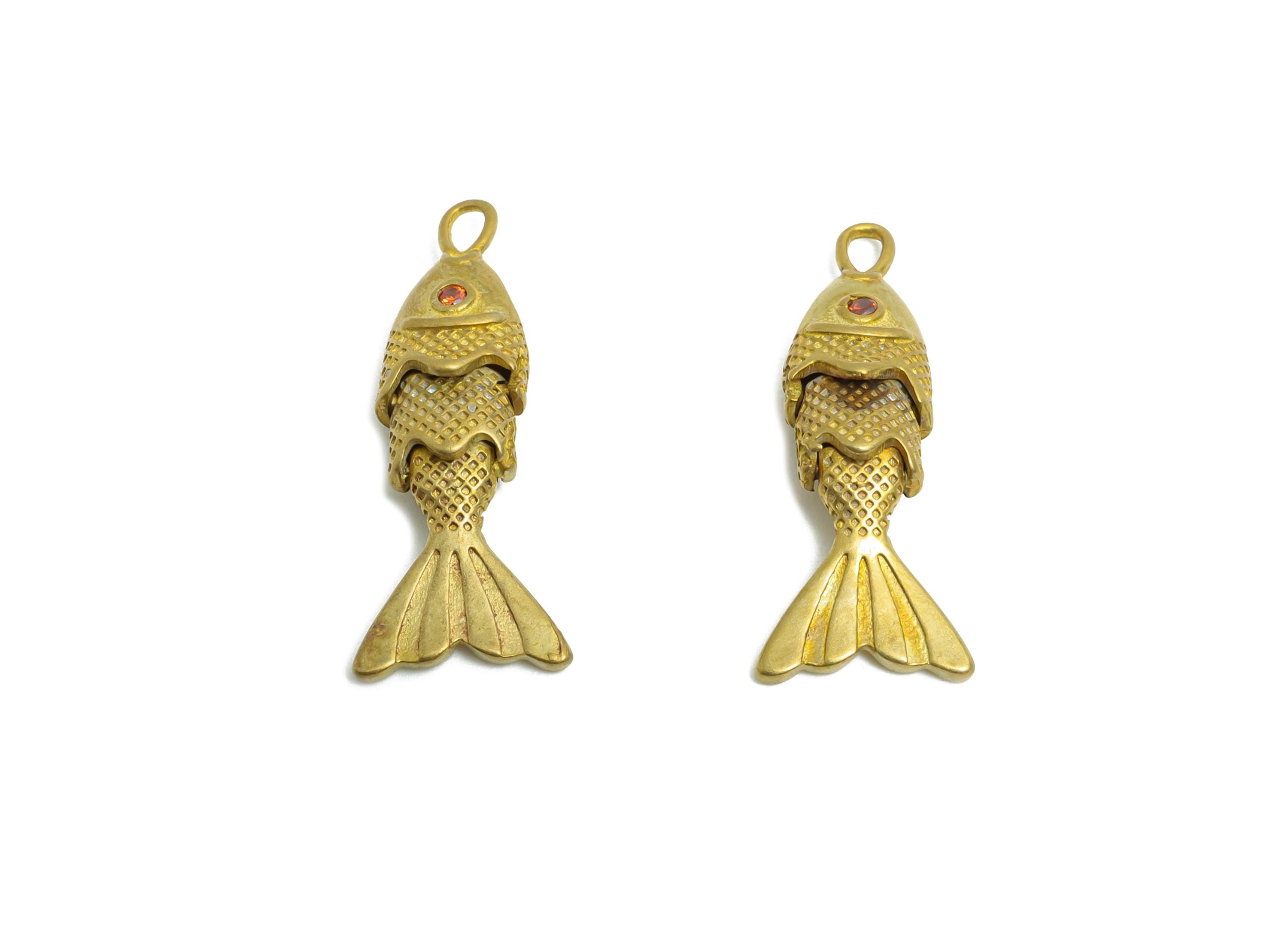 Movable Articulated Fish Charm - Brass Textured Dainty Fish Charm - Cubic Zircon Orange Articulated Fish Marine Pendant - 22x9x4mm - PP11111 - DOMEDBAZAAR