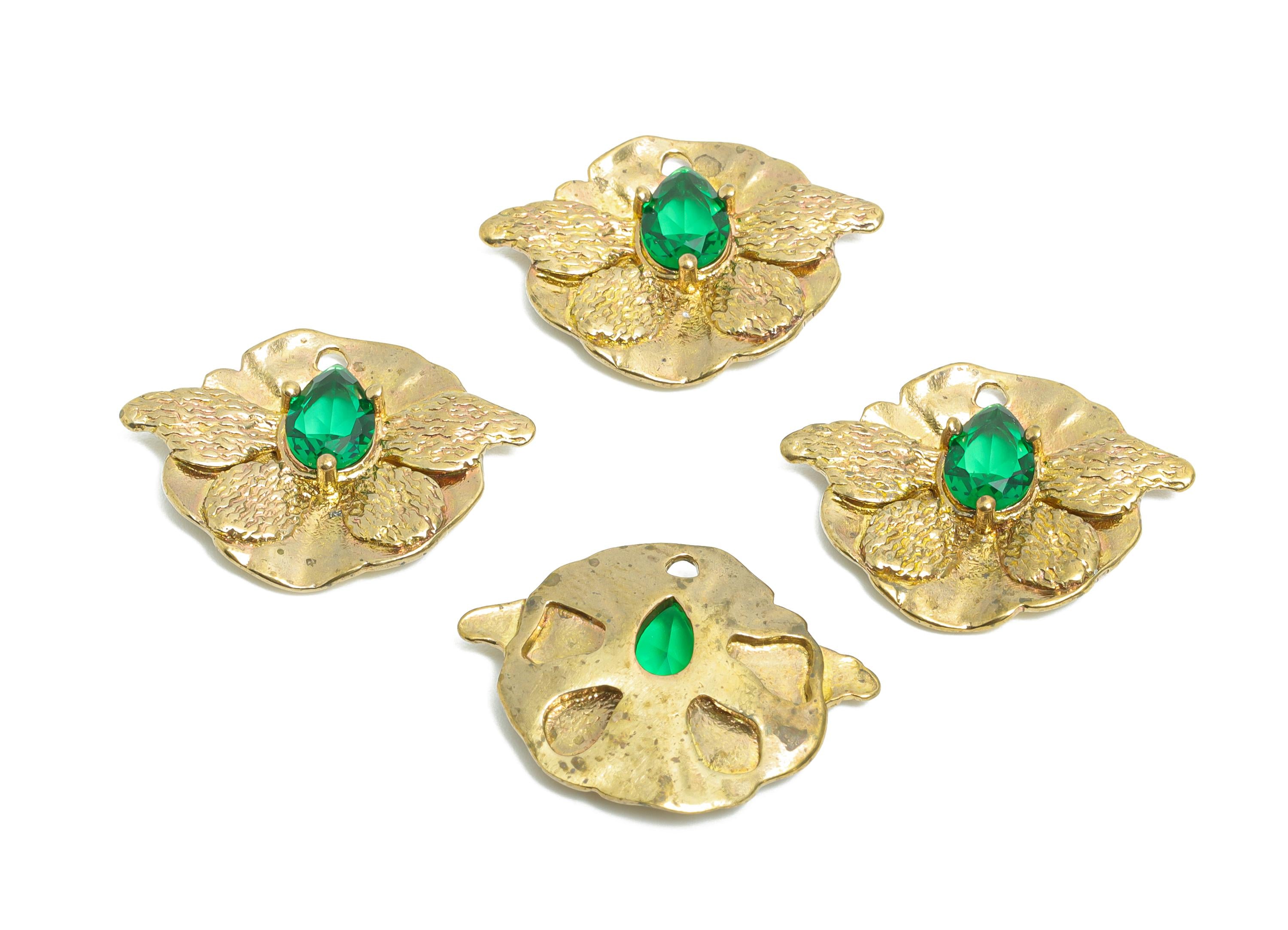 Raw Brass Butterfly Charms- Brass Textured Insect Charm - Elegant Green Drop Crystal Charms - Refined Jewelry Making - 23x17x3.7mm - PP11099 - DOMEDBAZAAR