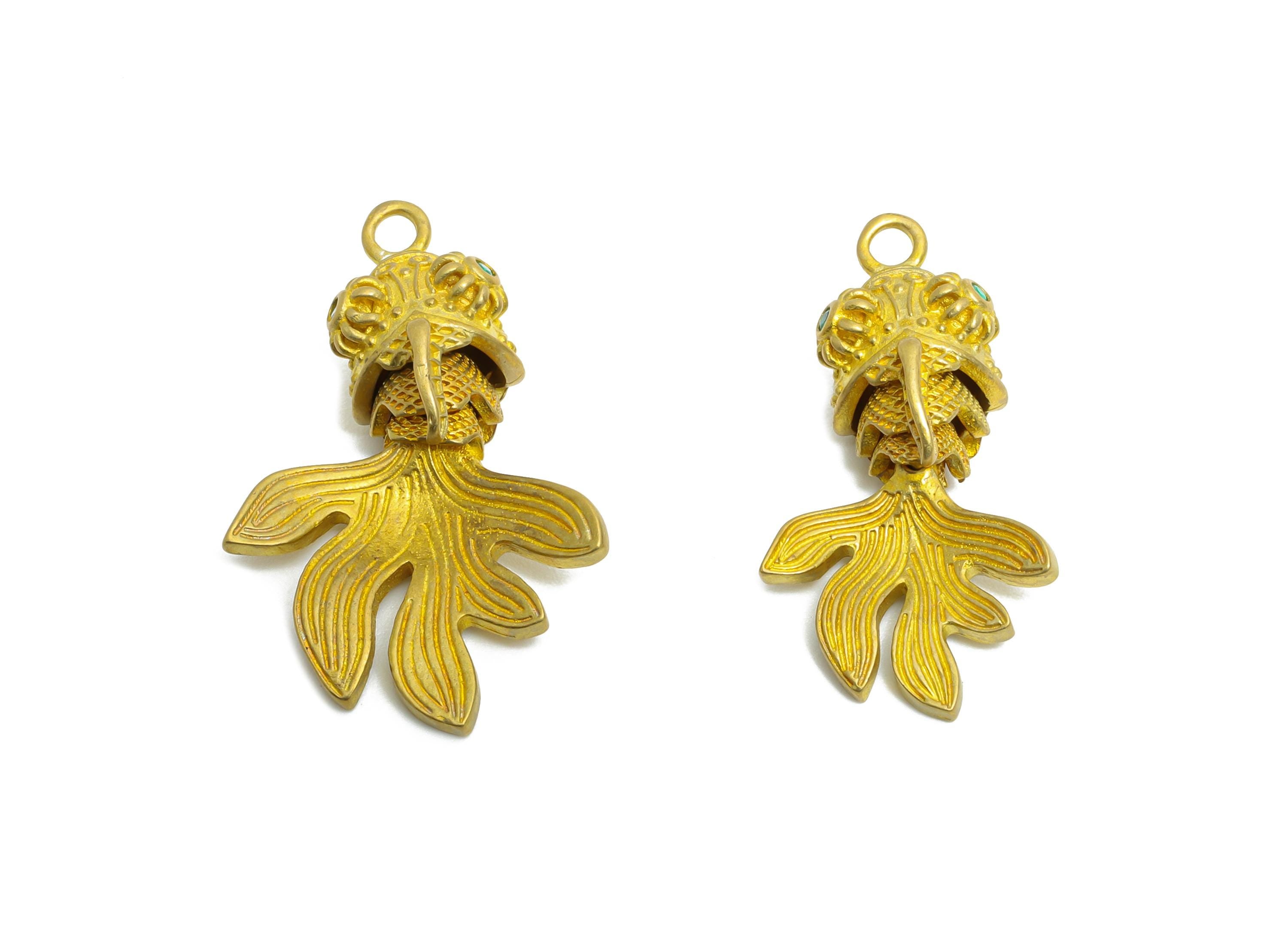 Movable Articulated Fish Charm - Brass Textured Whale Charm - Cubic Zircon Green Articulated Fish Marine Pendant - 25x13.9x8.33mm - PP11103 - DOMEDBAZAAR