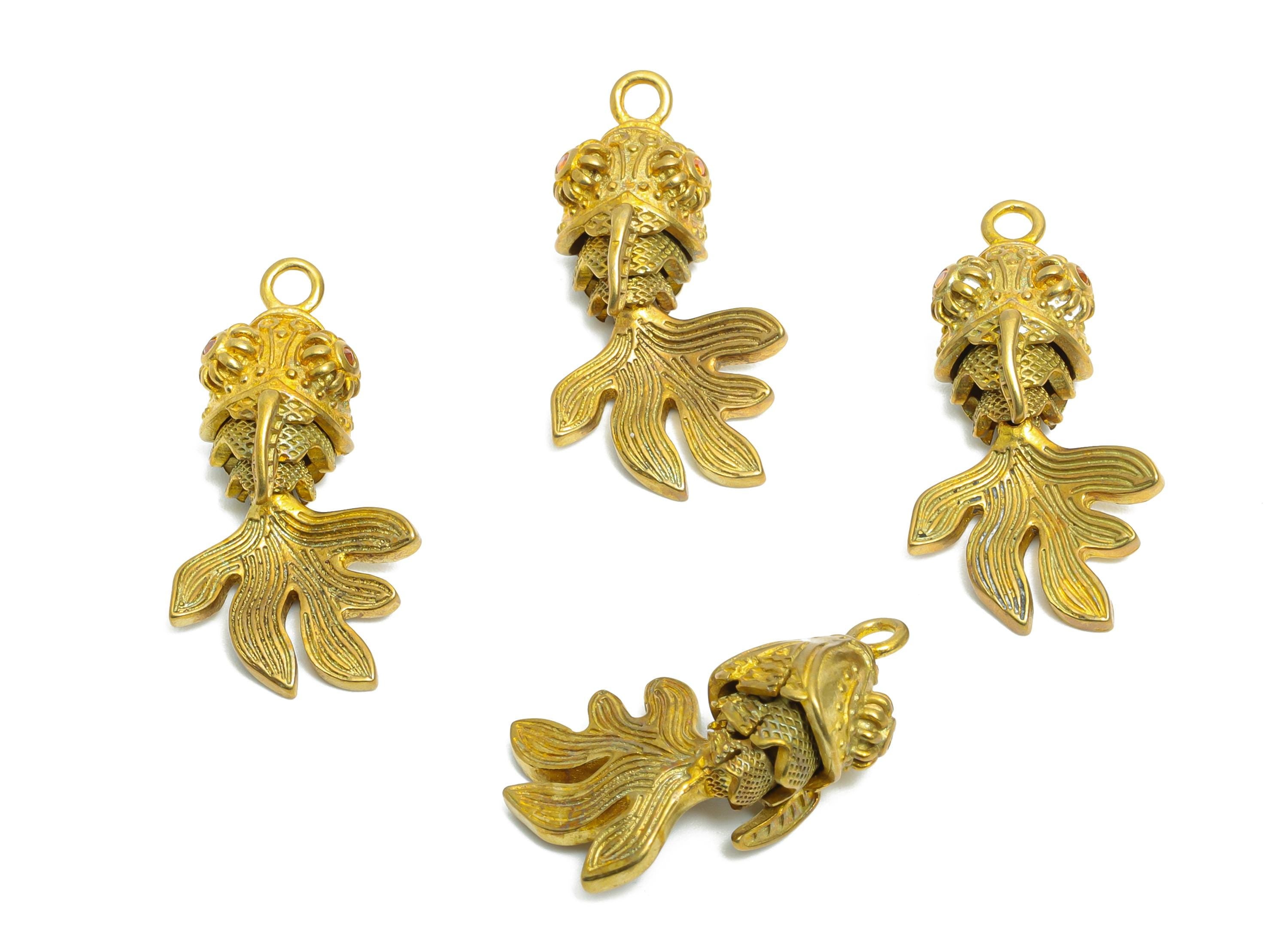 Movable Articulated Fish Charm - Brass Textured Whale Charm - Cubic Zircon Orange Articulated Fish Marine Pendant - 25x13.9x8.33mm - PP11102 - DOMEDBAZAAR