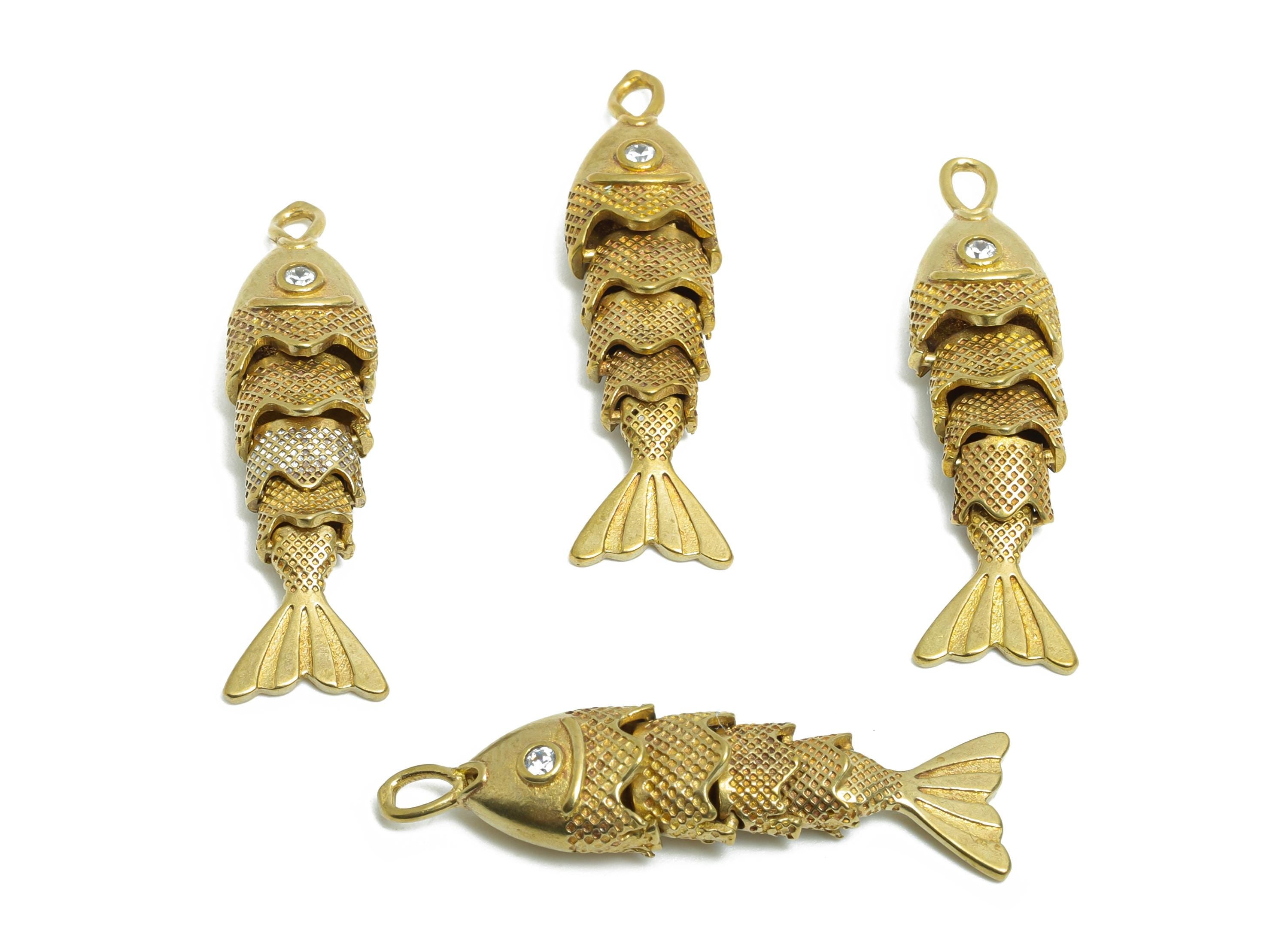 Movable Articulated Fish Charm - Brass Textured Dainty Fish Charm - Cubic Zircon Sparking Articulated Fish Earring Charm - 32x8x6mm -PP11115 - DOMEDBAZAAR