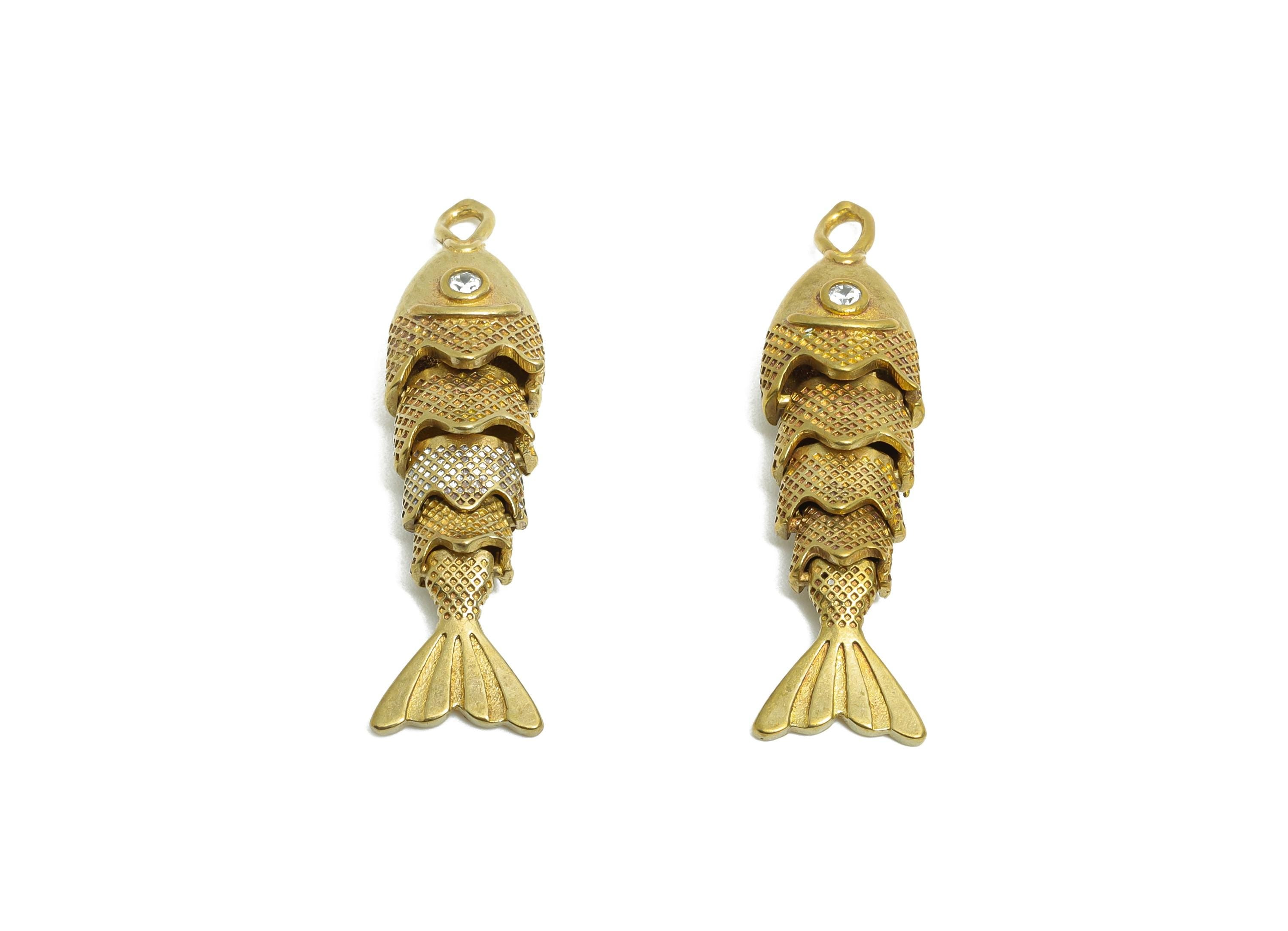 Movable Articulated Fish Charm - Brass Textured Dainty Fish Charm - Cubic Zircon Sparking Articulated Fish Earring Charm - 32x8x6mm -PP11115 - DOMEDBAZAAR