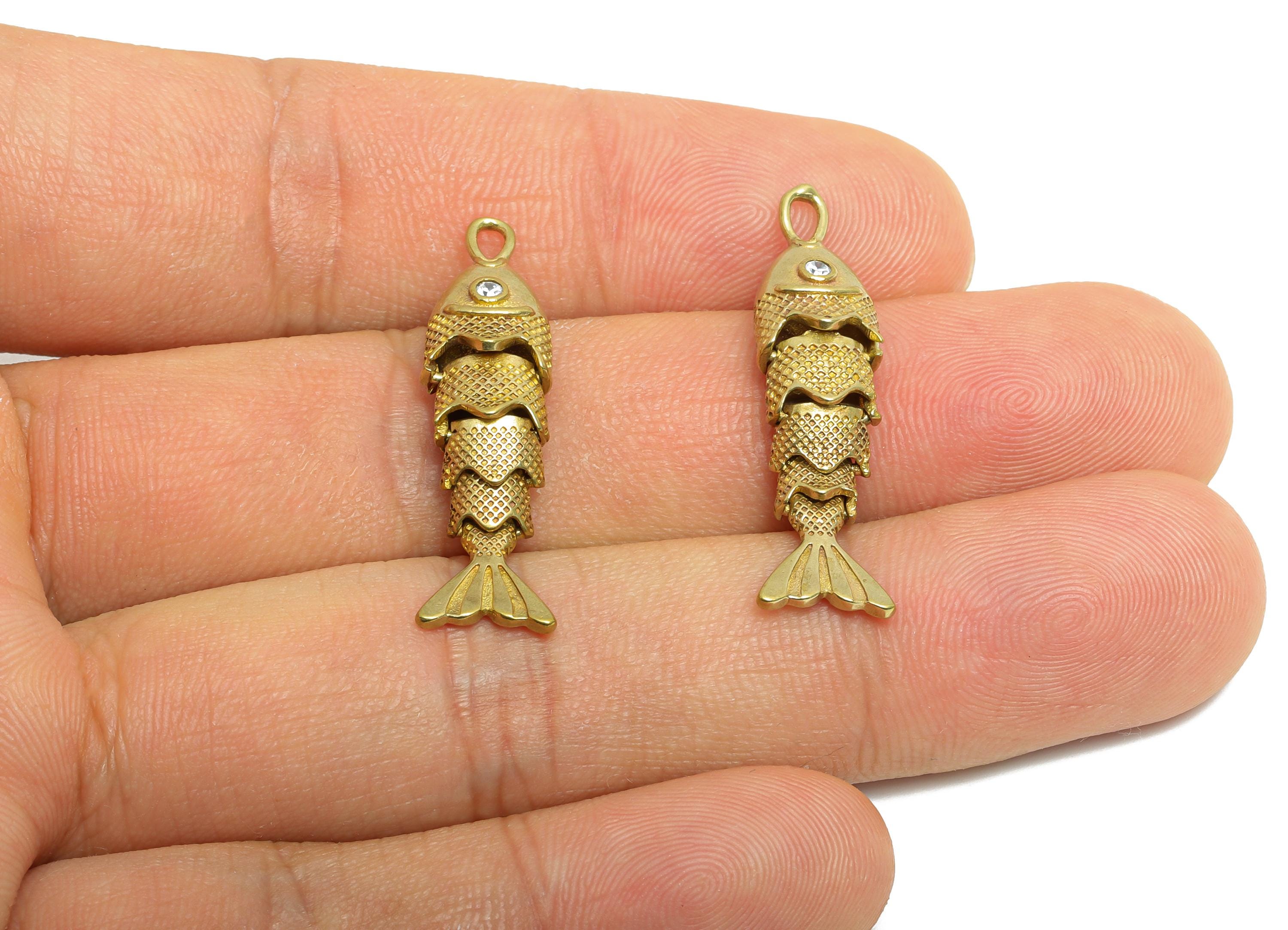 Movable Articulated Fish Charm - Brass Textured Dainty Fish Charm - Cubic Zircon Sparking Articulated Fish Earring Charm - 32x8x6mm -PP11115 - DOMEDBAZAAR