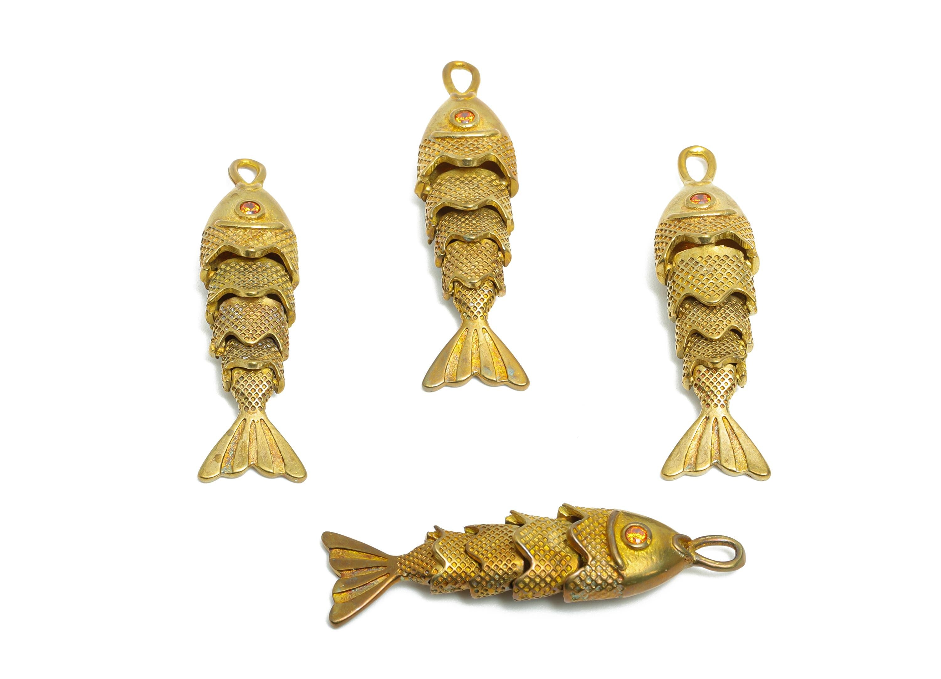 Movable Articulated Fish Charm - Brass Textured Dainty Fish Charm - Cubic Zircon Sparking Articulated Fish Earring Charm - 32x8x6mm -PP11117 - DOMEDBAZAAR