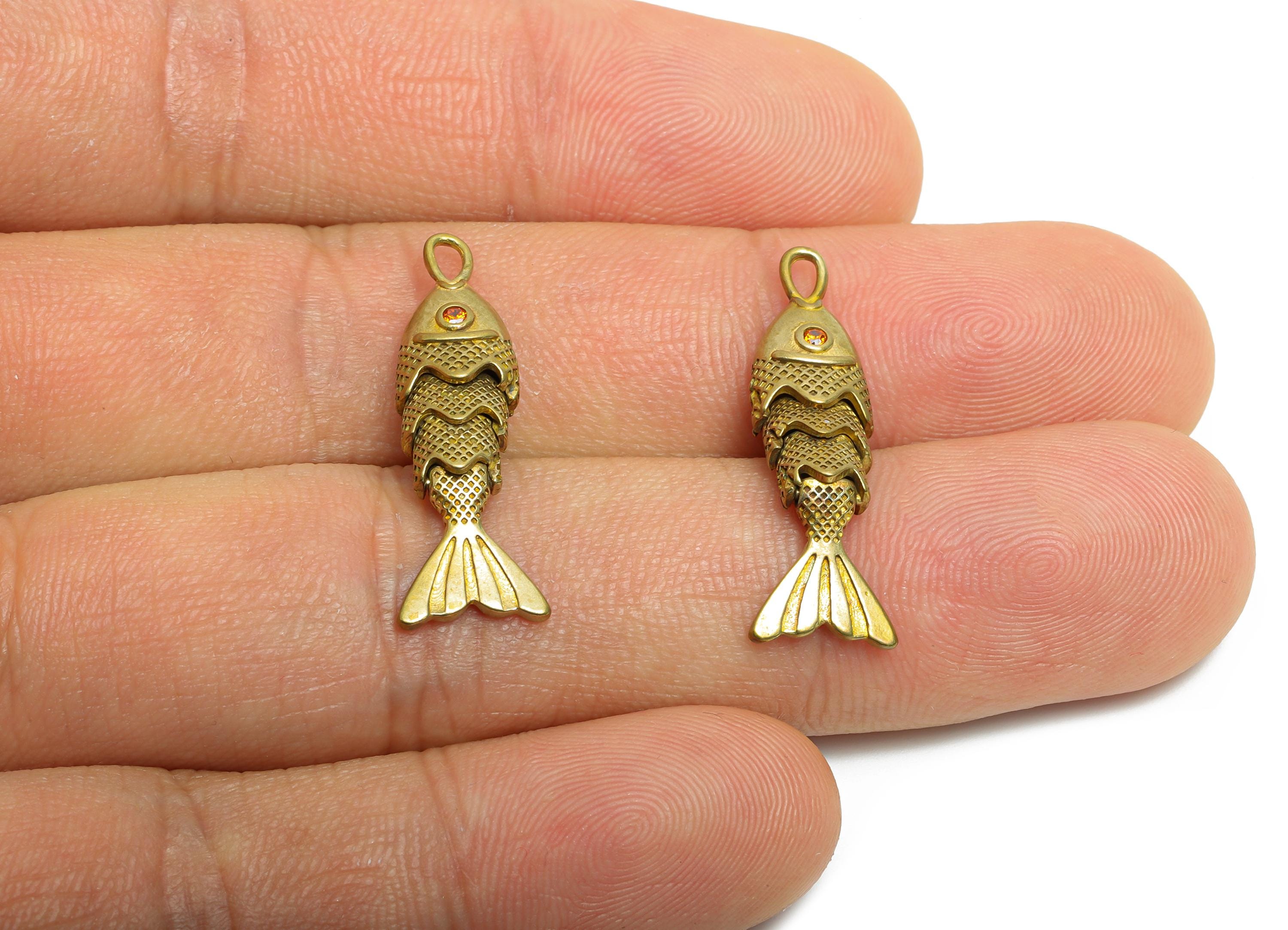 Movable Articulated Fish Charm - Brass Textured Dainty Marine Pendant - Cubic Zircon Sparking Articulated Earring Charm - 26x9x5mm -PP11114 - DOMEDBAZAAR