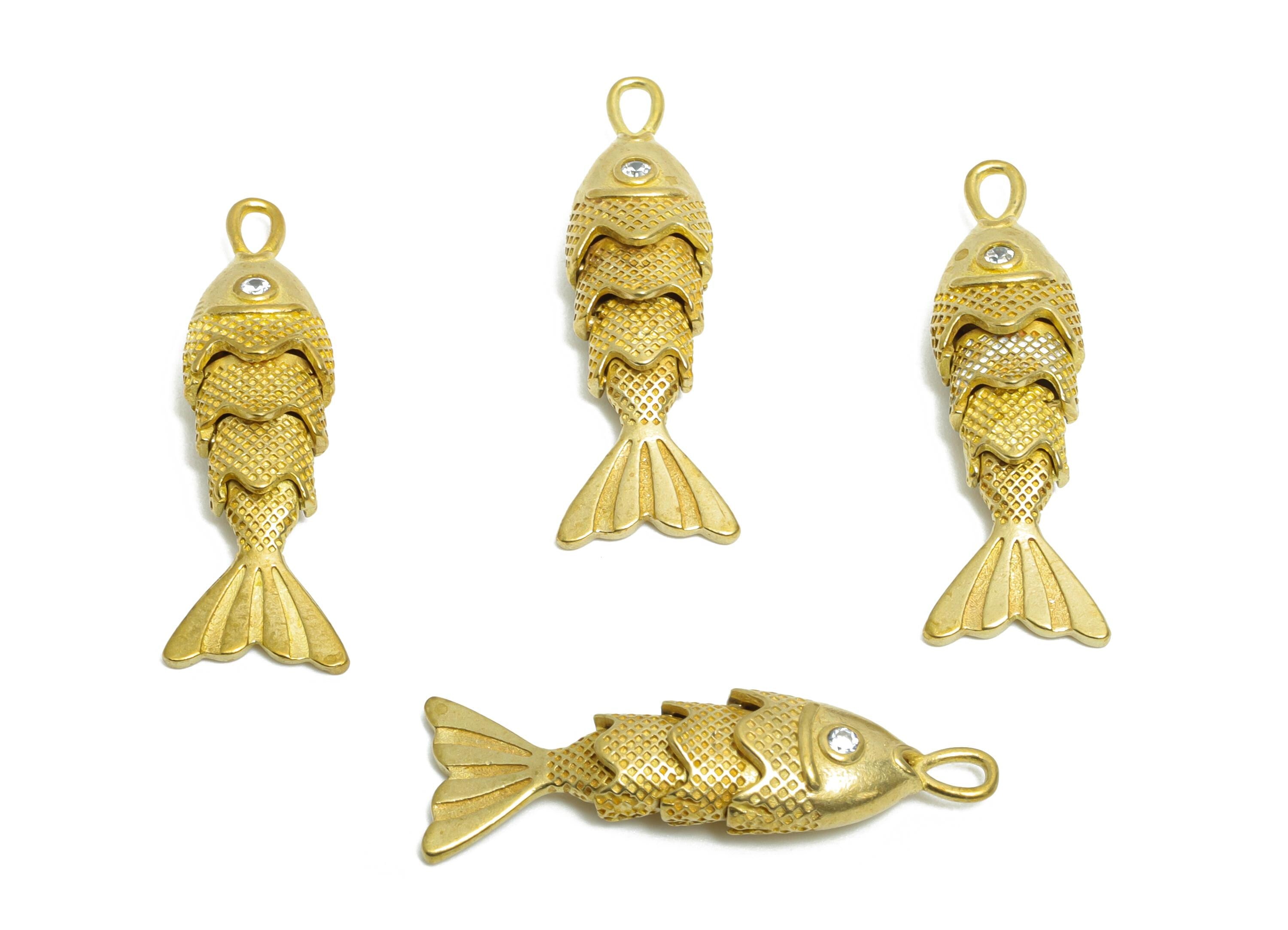 Movable Articulated Fish Charm - Brass Textured Dainty Marine Pendant - Brass Cubic Zircon Articulated Fish Earring Charm - 26x9x5mm-PP11112 - DOMEDBAZAAR