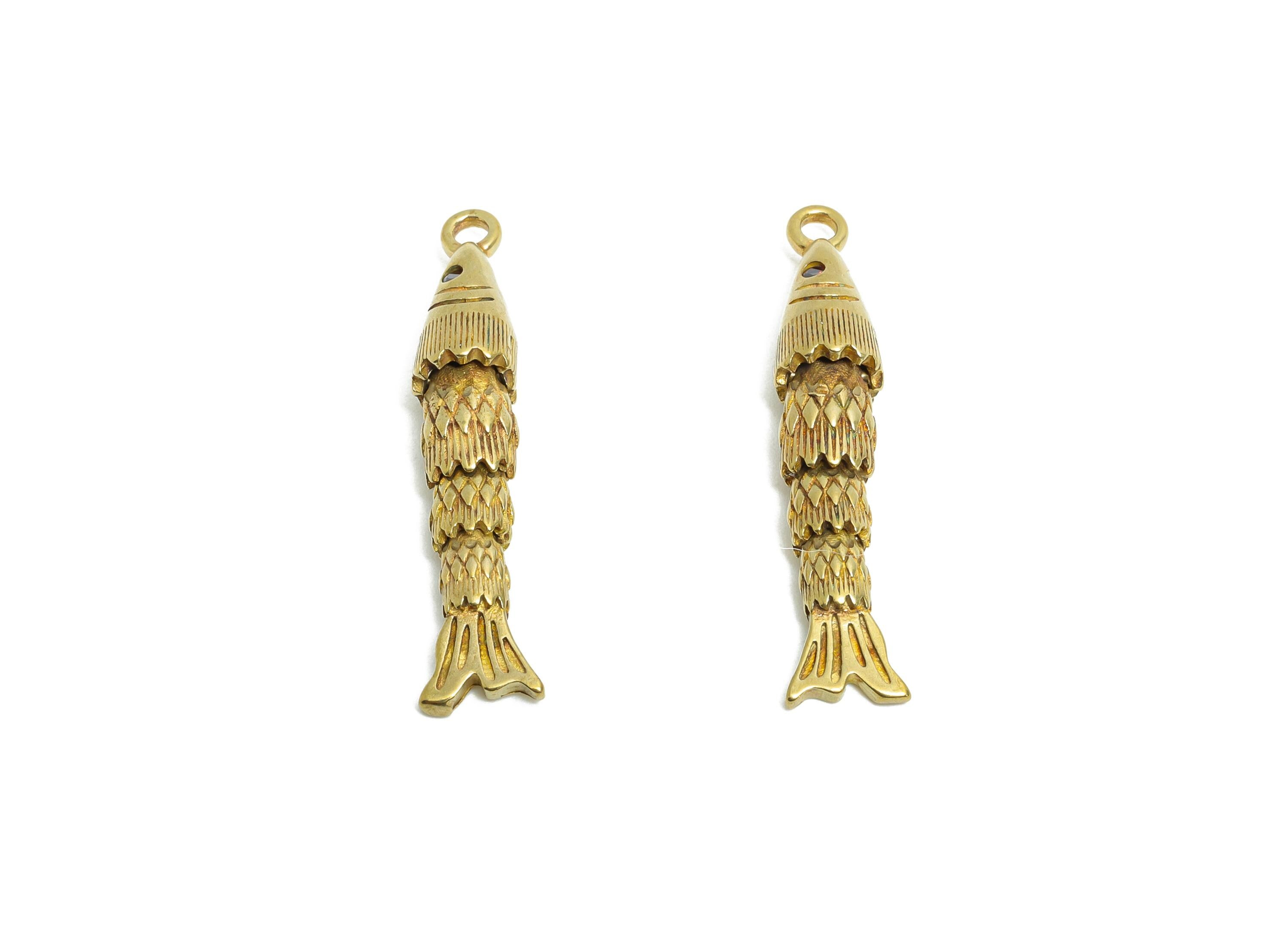 Movable Articulated Fish Charm - Brass Textured Dangle Marine Pendant - Cubic Zircon Sparking Articulated Earring Charm - 30x5x5mm -PP11122 - DOMEDBAZAAR