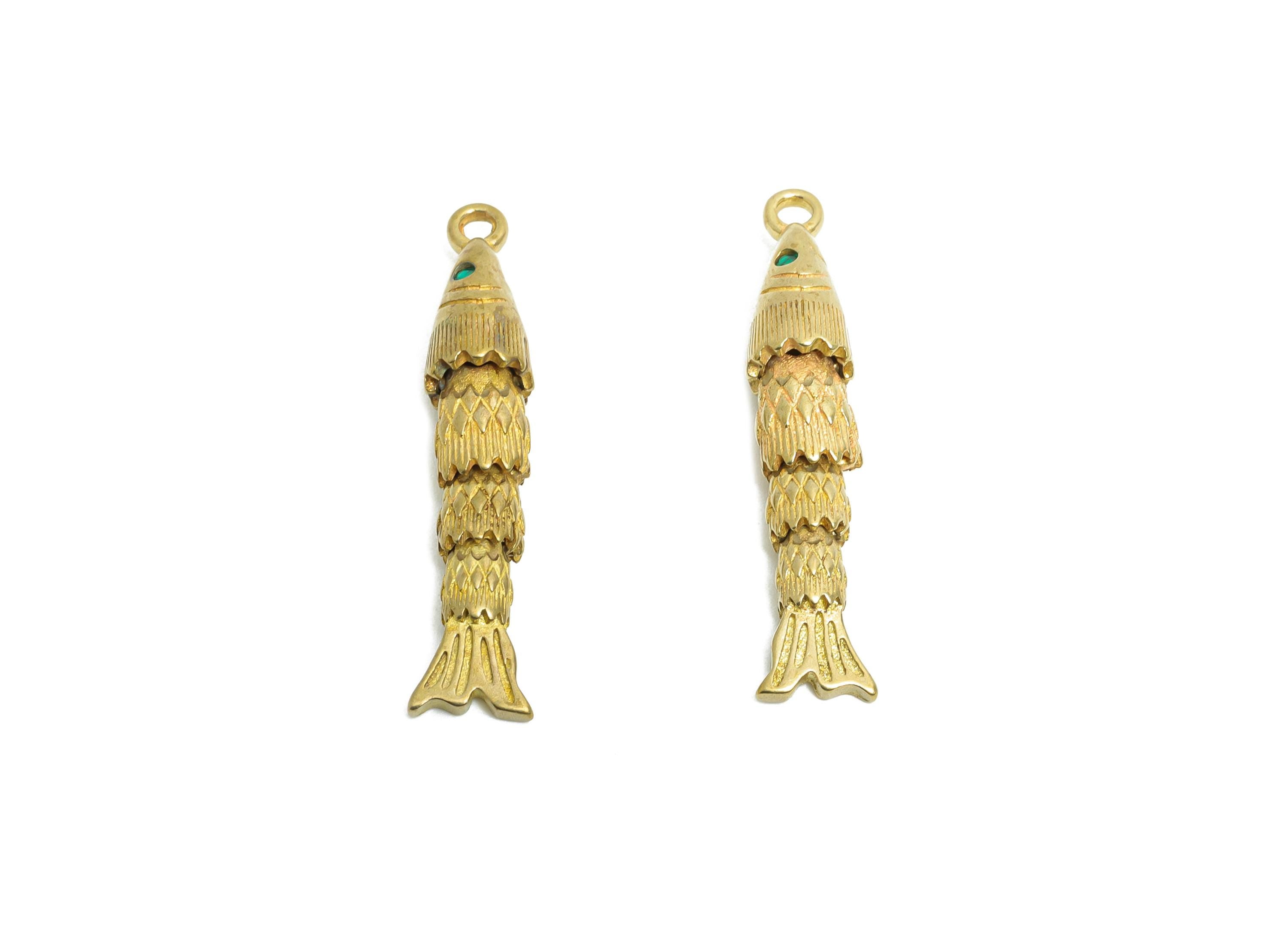 Movable Articulated Fish Charm - Brass Textured Dangle Marine Pendant - Cubic Zircon Sparking Articulated Earring Charm - 30x5x5mm -PP11121 - DOMEDBAZAAR