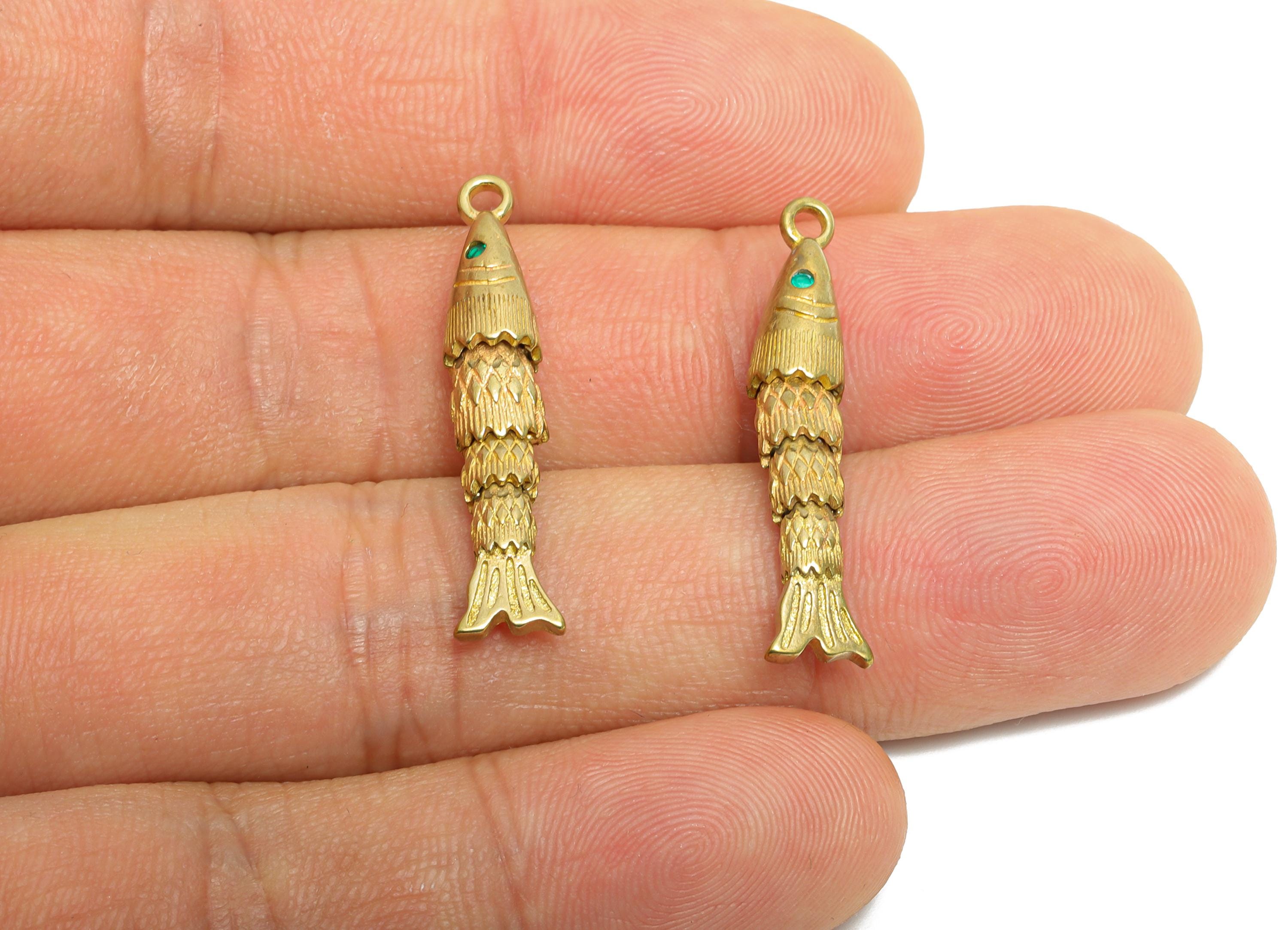 Movable Articulated Fish Charm - Brass Textured Dangle Marine Pendant - Cubic Zircon Sparking Articulated Earring Charm - 30x5x5mm -PP11121 - DOMEDBAZAAR