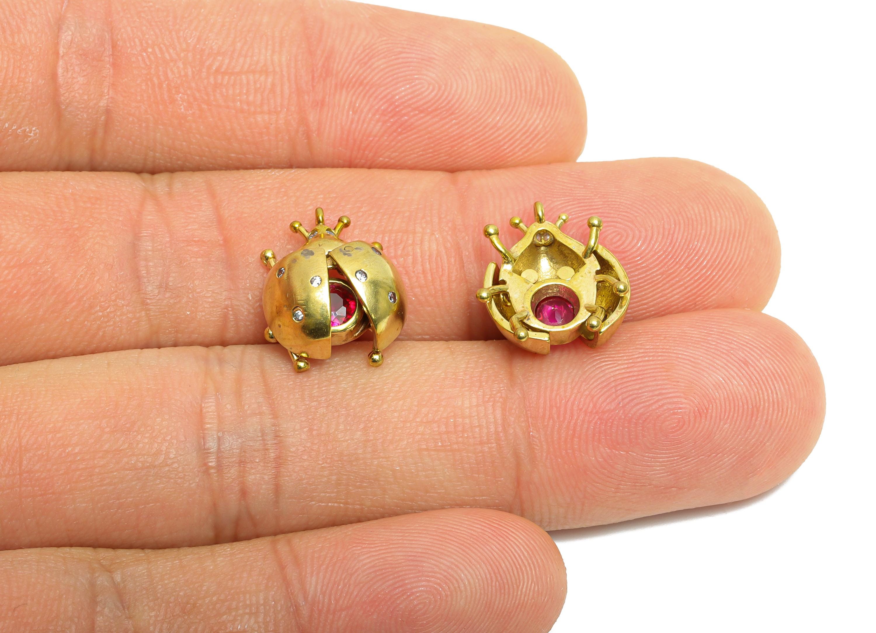 Brass Beetle Earring Charm - Brass Openable Beetle Pendant - Cubic Zircon Sparking Charm - Pink Hollow Ladybug Pendant - 14x12x6mm - PP11096 - DOMEDBAZAAR