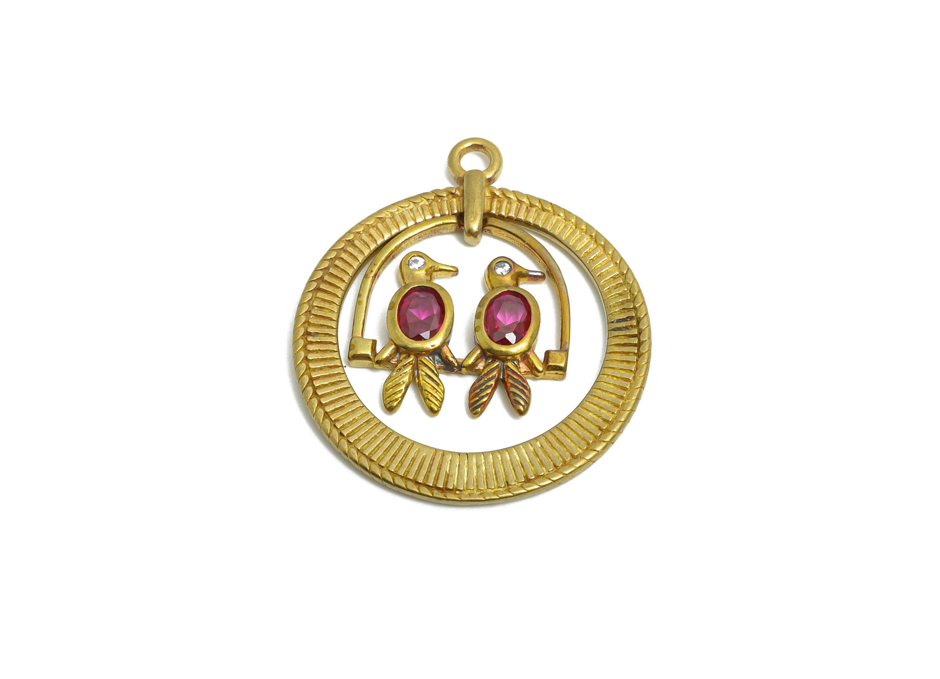 Perching Bird Pendant with Gemstones - Brass Textured Bird Charm - Vintage Zircon Circular Red Stone Pendant - 25x21x2.4mm - PP11097 - DOMEDBAZAAR