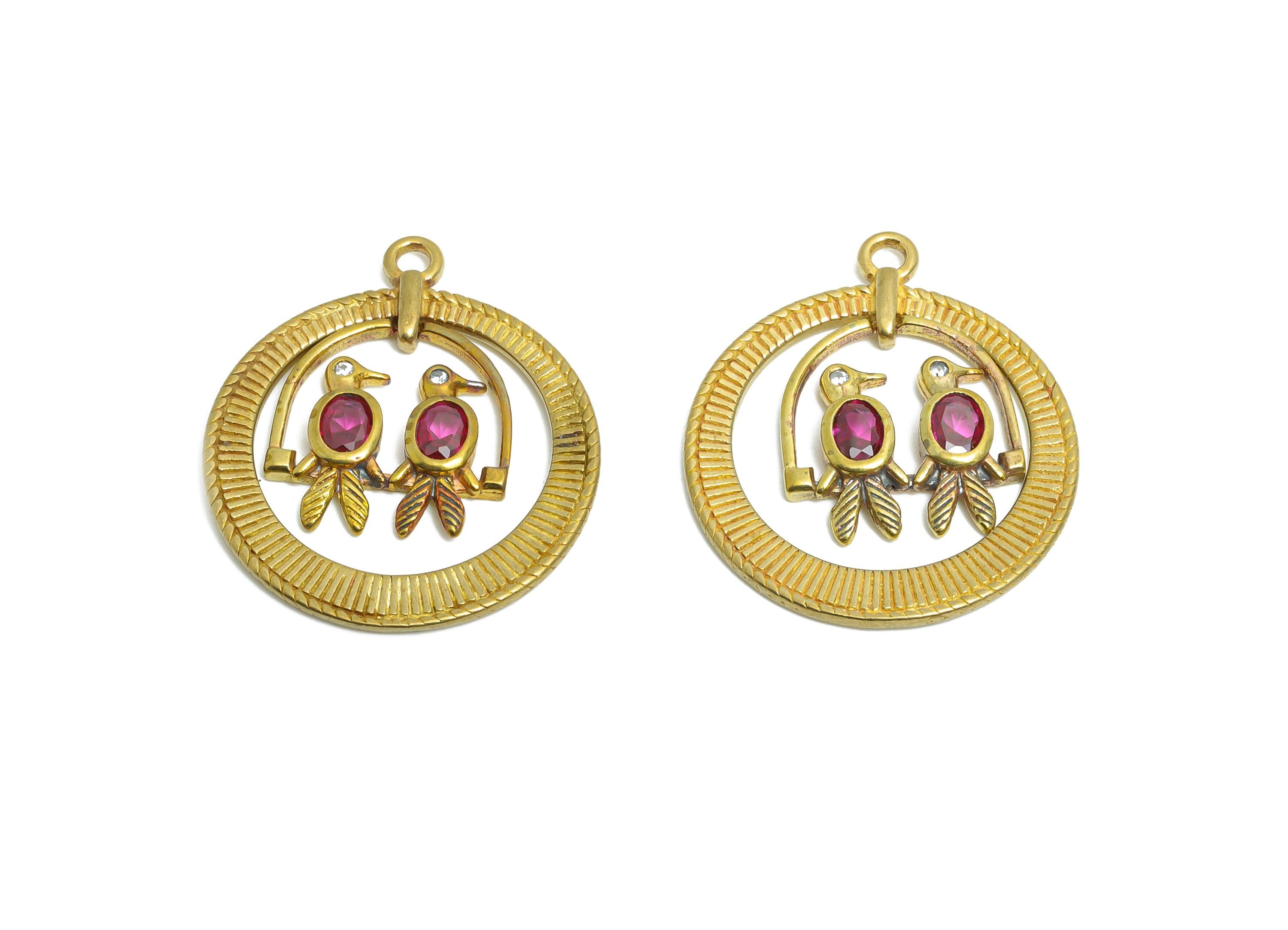 Perching Bird Pendant with Gemstones - Brass Textured Bird Charm - Vintage Zircon Circular Red Stone Pendant - 25x21x2.4mm - PP11097 - DOMEDBAZAAR