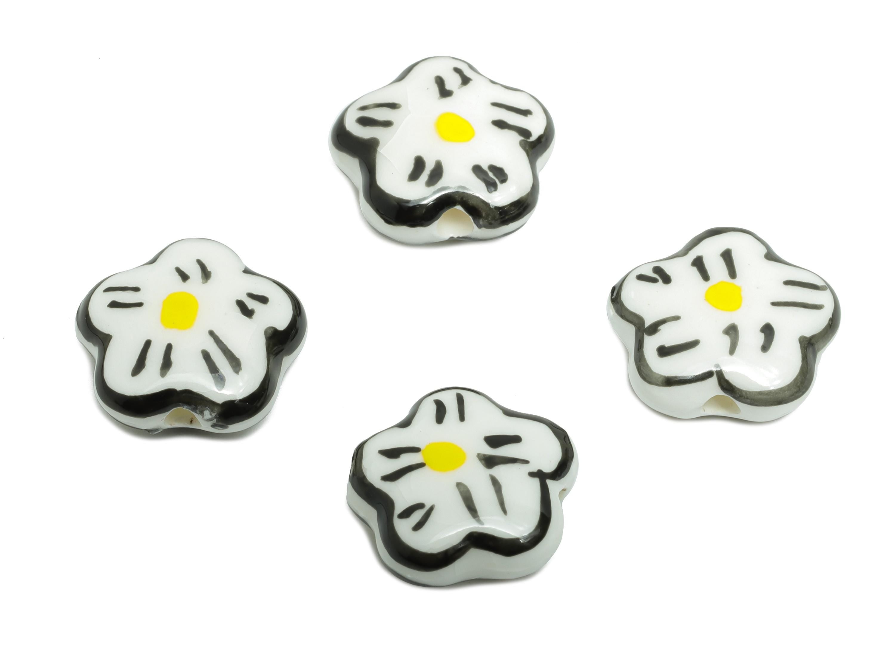 Glazed Ceramic Daisy Beads - Black Flower Jewelry Component - Handmade Beads Connector - Jewelry Making Beads - 14.7x14.73x6.44mm - NS2854B - DOMEDBAZAAR