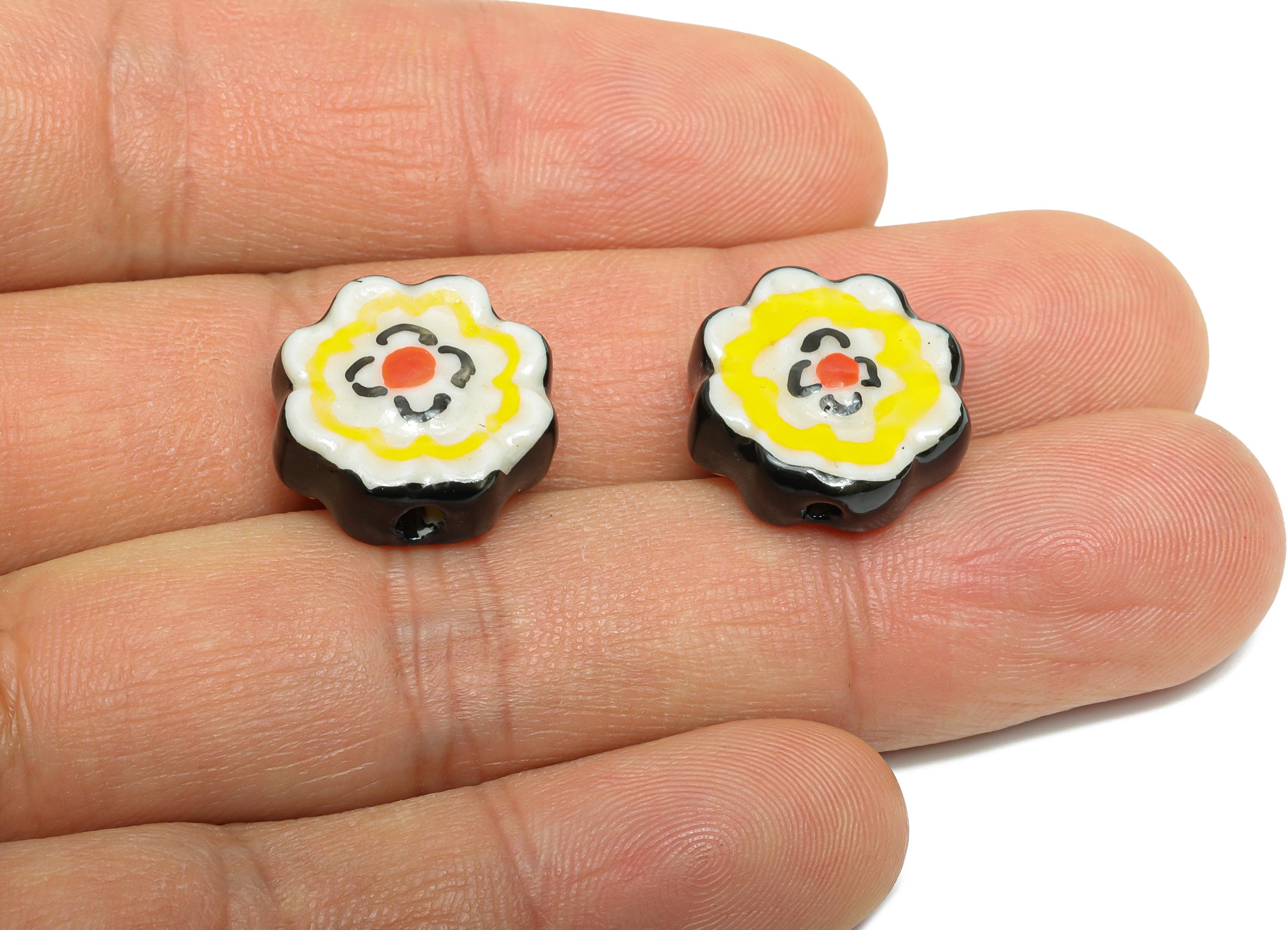 Glazed Ceramic Flower Beads - Handmade Jewelry Component - Handmade Connectors Beads - Boho Bead for DIY Crafts - 16x16x6.88mm - NS2836 - DOMEDBAZAAR