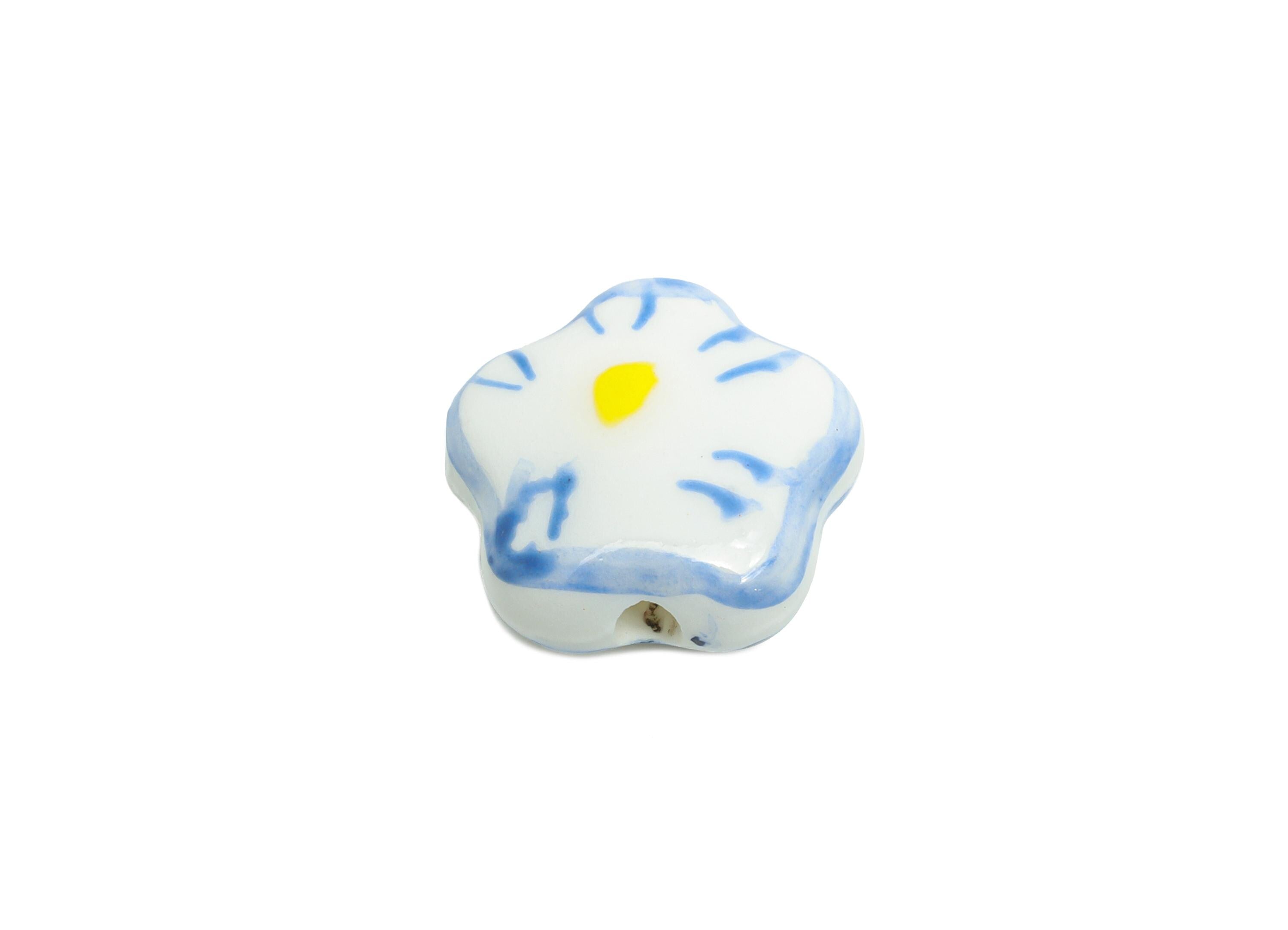 Glazed Ceramic Daisy Beads - Blue Flower Jewelry Component - Handmade Beads Connectors - Jewelry Making Beads - 14.98x15x6.42mm - NS2854C - DOMEDBAZAAR