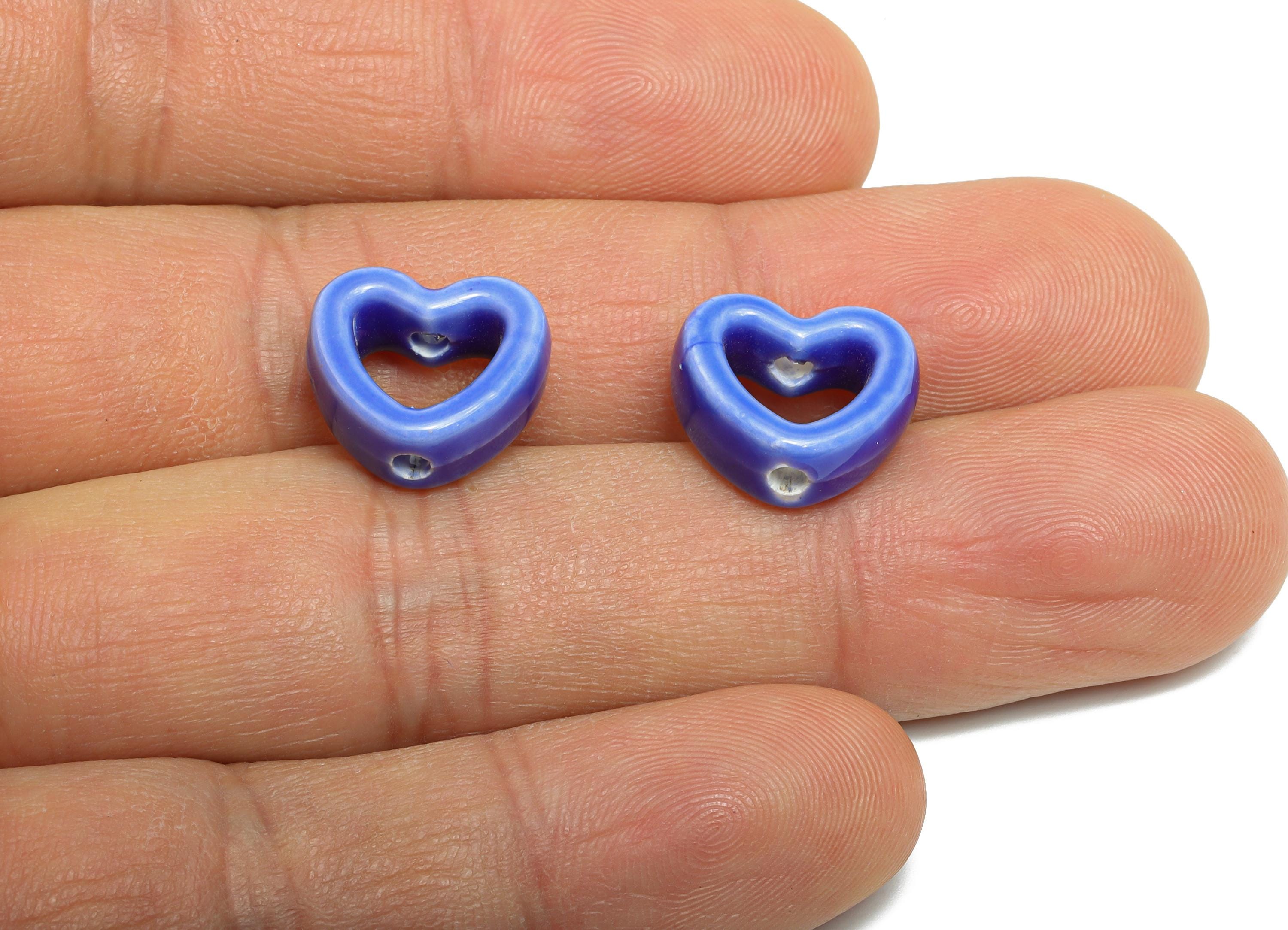 Glazed Ceramic Heart Beads - Colorful Artisan Heart Bead - Handmade Connectors Beads - DIY Jewelry Making- for Bracelets - 13x15x6mm-NS2847F - DOMEDBAZAAR