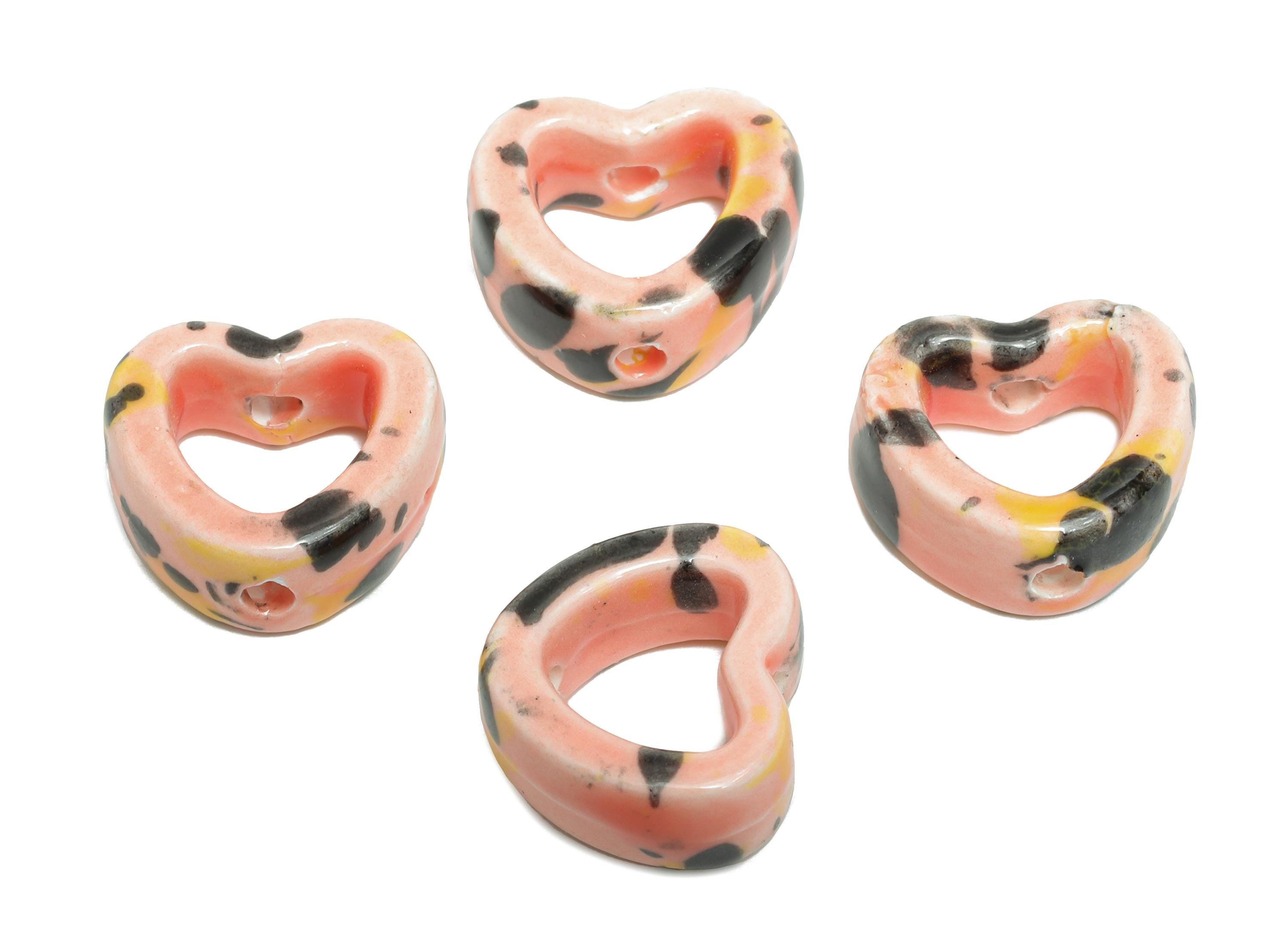 Glazed Ceramic Heart Beads - Colorful Artisan Heart Bead - Handmade Connectors Beads - DIY Jewelry Making- for Bracelets - 13x15x6mm-NS2847C - DOMEDBAZAAR