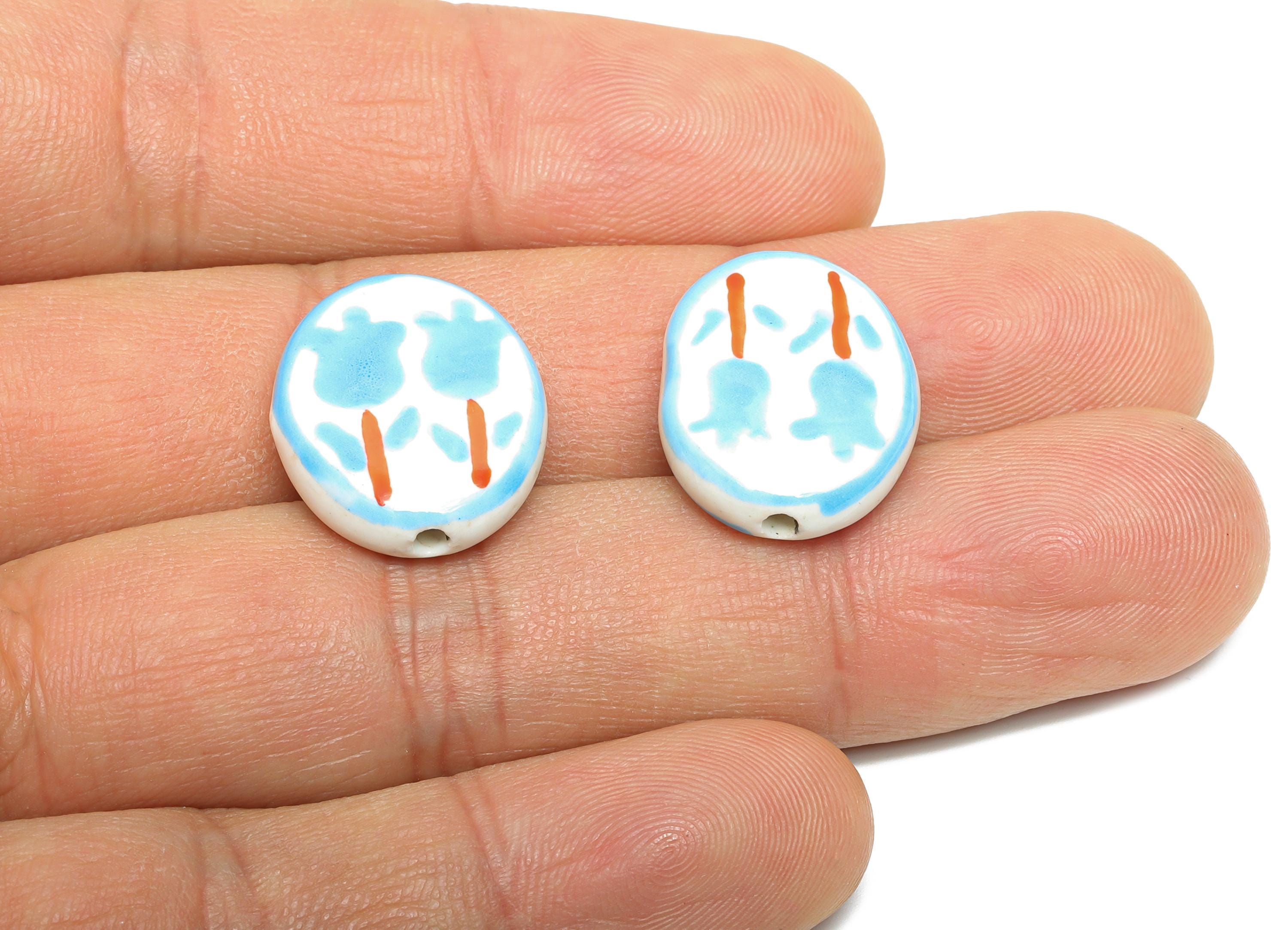 Glazed Ceramic Oval Tulip Bead - Blue Flower Nature Ceramic Beads - Handmade Beads Connectors - Jewelry DIY Bead - 19.64x16.07x5mm - NS2848A - DOMEDBAZAAR