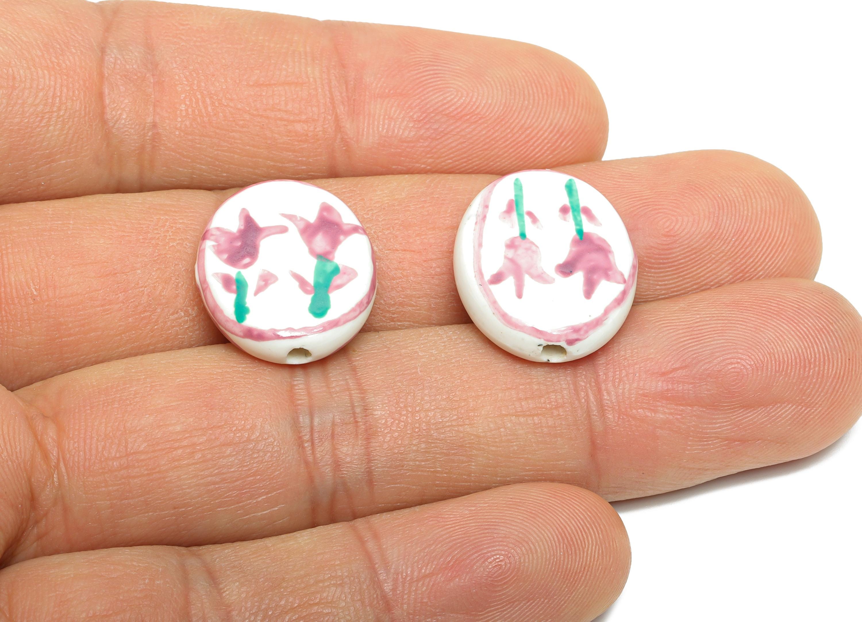 Glazed Ceramic Oval Tulip Bead - Purple Flower Nature Ceramic Beads - Handmade Beads Connectors - Jewelry DIY Bead - 20x16.55x5mm - NS2848B - DOMEDBAZAAR