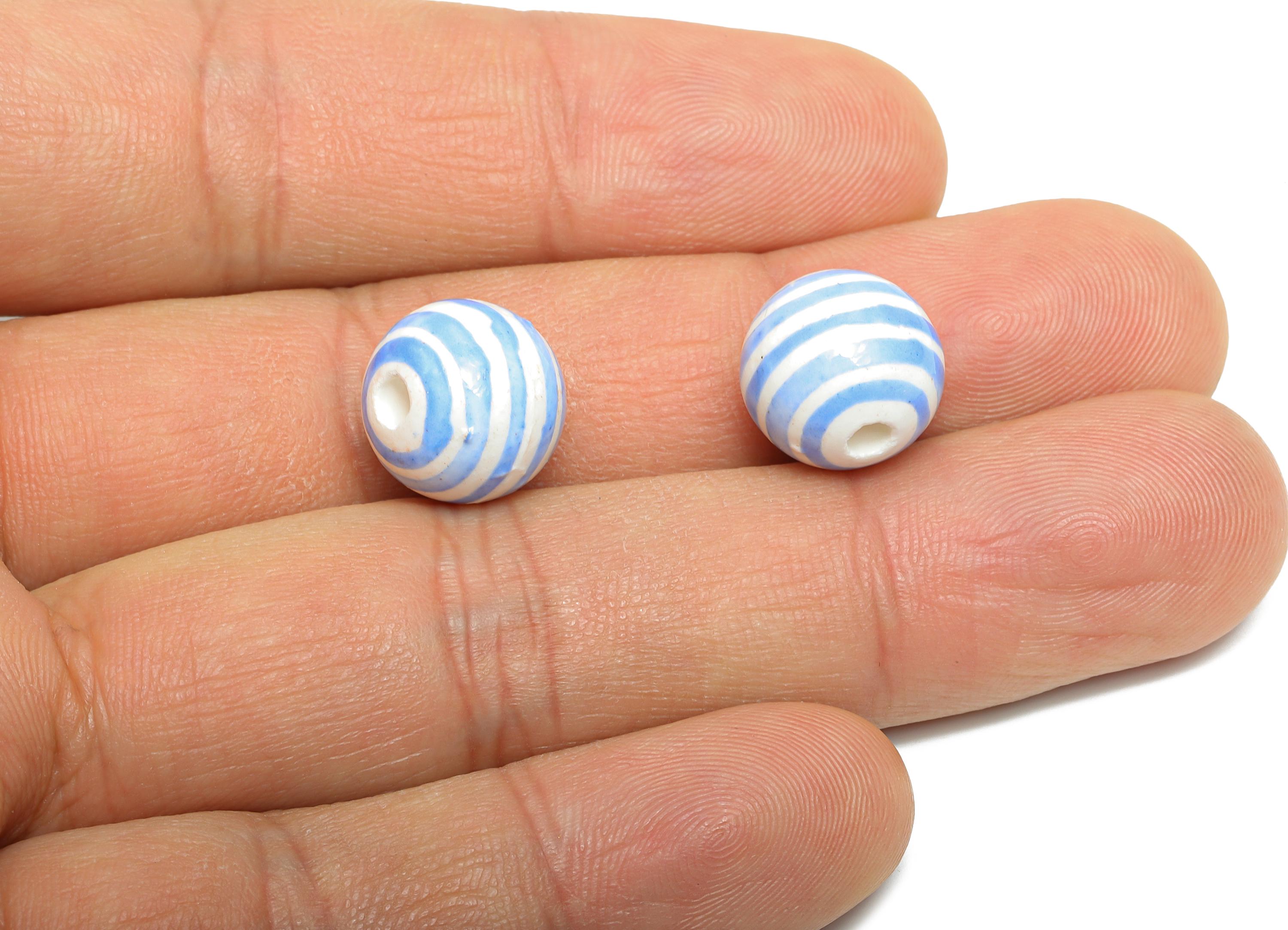 Blue Striped Ceramic Beads - Colorful Handmade Bead - Fun Beads for Creative Jewelry Projects - Bright Summer Bead - 11x12x12mm - NS2858F - DOMEDBAZAAR