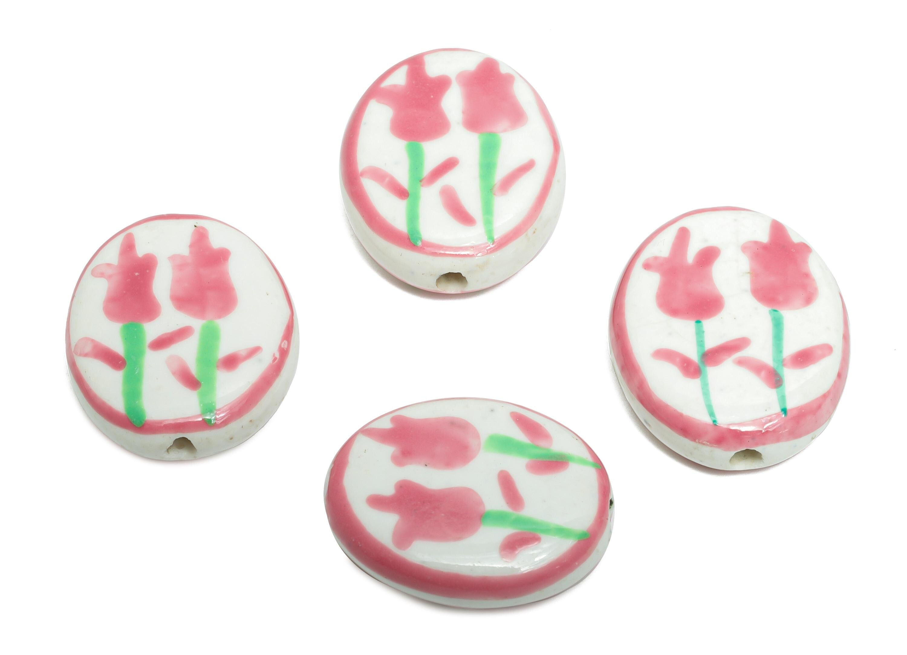 Glazed Ceramic Oval Tulip Bead - Pink Flower Nature Ceramic Beads - Handmade Beads Connectors - Jewelry DIY Bead - 19.52x16.05x5mm - NS2848C - DOMEDBAZAAR