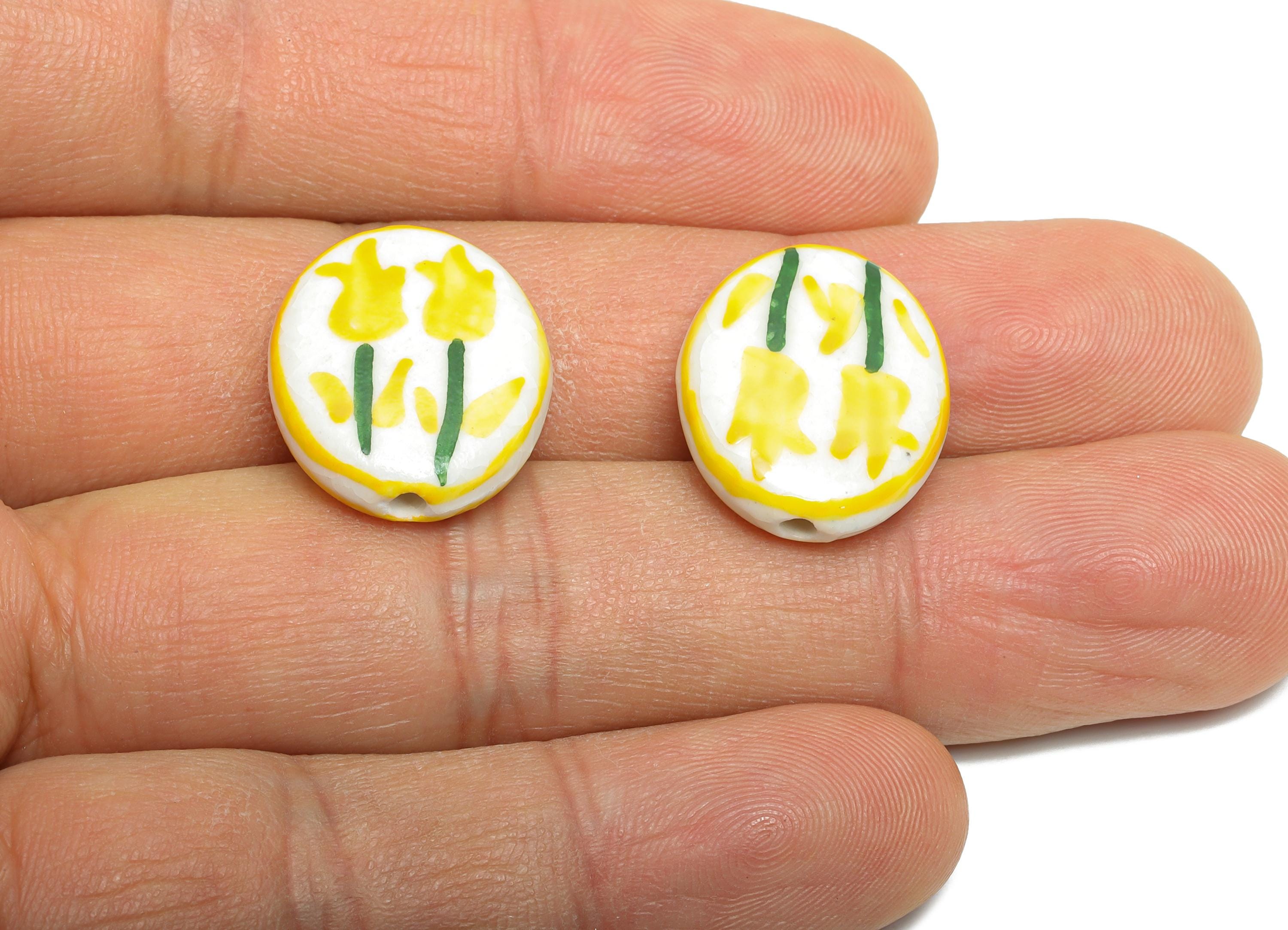 Glazed Ceramic Oval Tulip Bead - Yellow Flower Nature Ceramic Beads - Handmade Beads Connector - Jewelry DIY Bead - 19.48x16.1x5mm -NS2848E - DOMEDBAZAAR