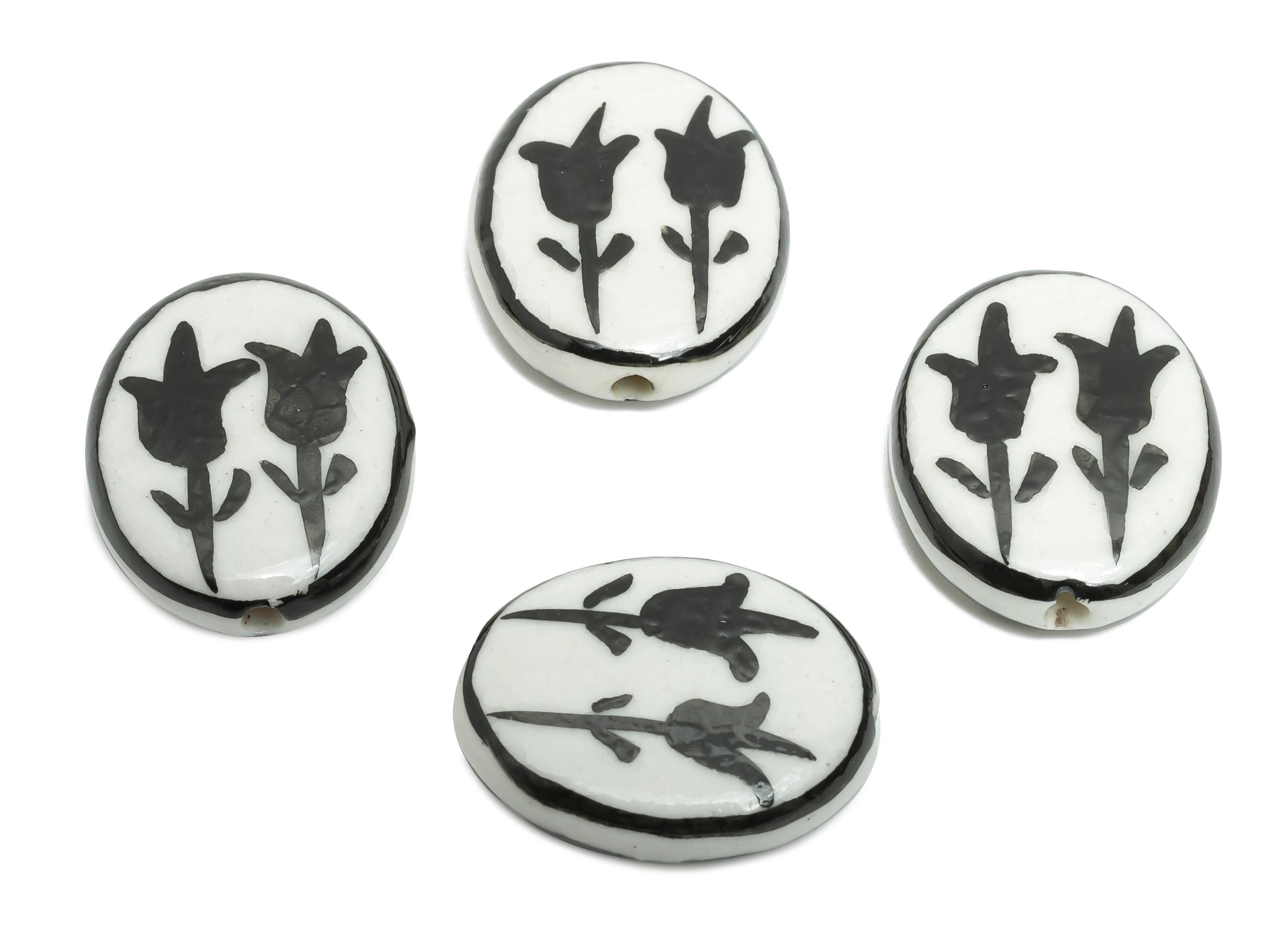 Glazed Ceramic Oval Tulip Bead - Black Flower Nature Ceramic Beads - Handmade Beads Connector - Jewelry DIY Bead - 19.67x16x5.36mm -NS2848F - DOMEDBAZAAR