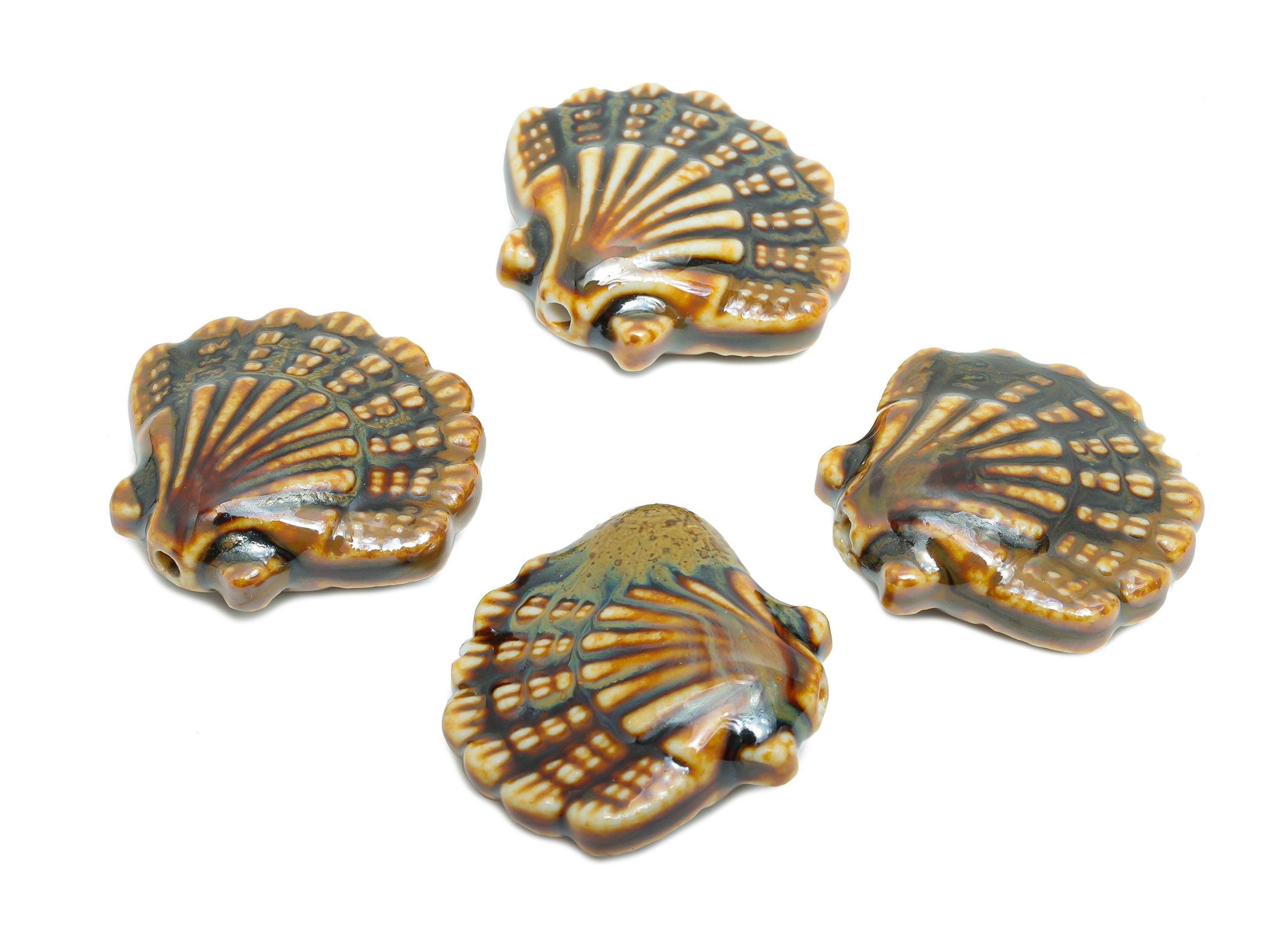 Ceramic Seashell Bead - Textured Handmade Bead - Bohemian Beach-Themed Jewelry - Handmade Bead for Jewelry Making - 25x27x10mm - NS2859B - DOMEDBAZAAR