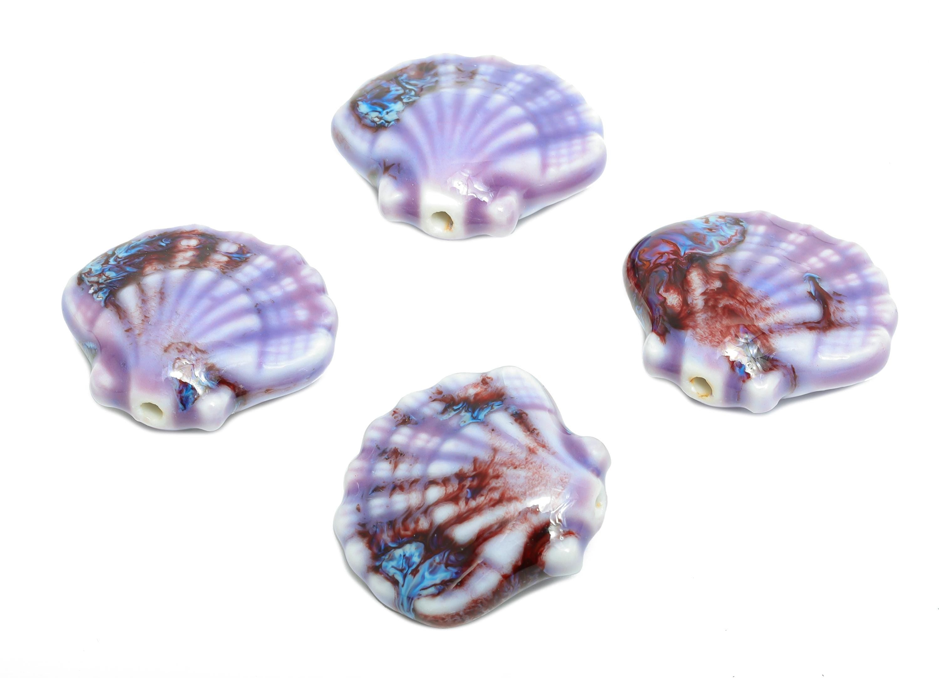 Ceramic Seashell Bead - Textured Handmade Bead - Bohemian Beach-Themed Jewelry - Handmade Bead for Jewelry Making - 25x27x11.1mm - NS2859E - DOMEDBAZAAR