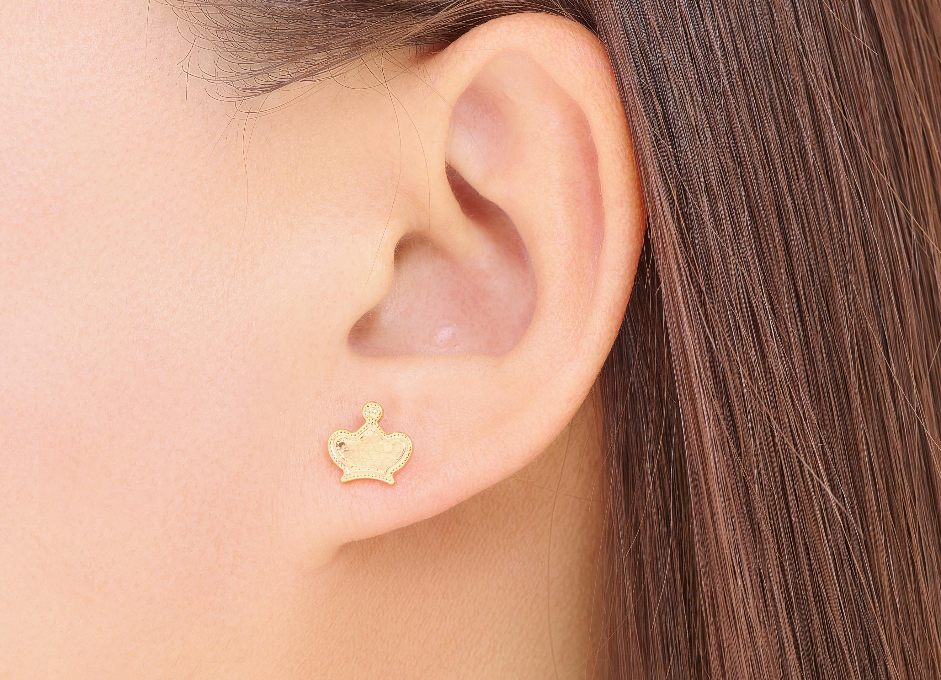 Brass Crown Earring Stud - Mini Gold Textured Earring Post for Girls - Minimalist Jewelry - 18K Real Gold Plated - 8.95x9.42x0.8mm -RGP10763 - DOMEDBAZAAR