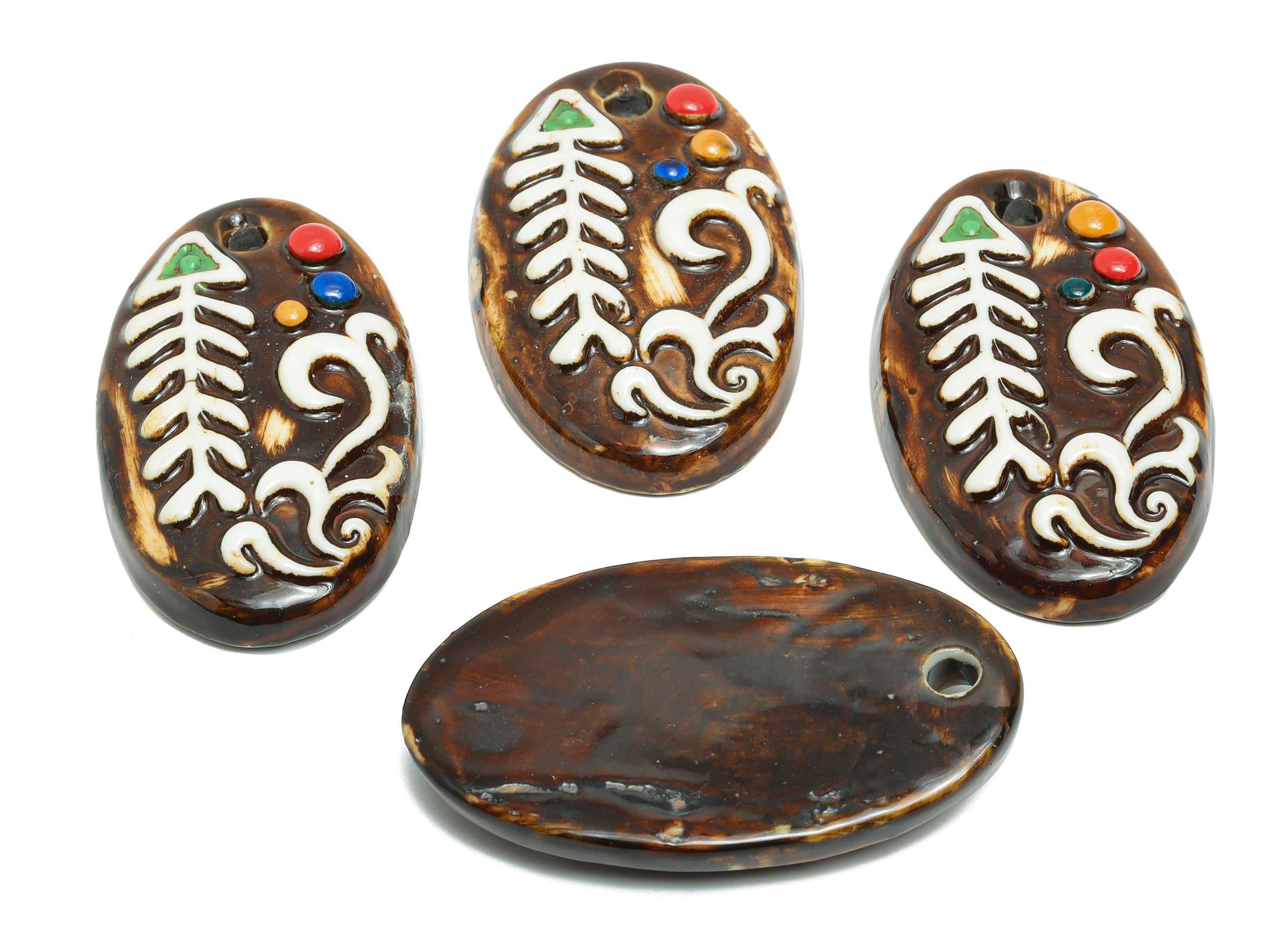 Ceramic Fishbone Pendant - Textured Motif Pendant - Artisan Hand-Painted Pendant - Handcrafted Marine Jewelry Making - 61x36x9mm - NS2789 - DOMEDBAZAAR