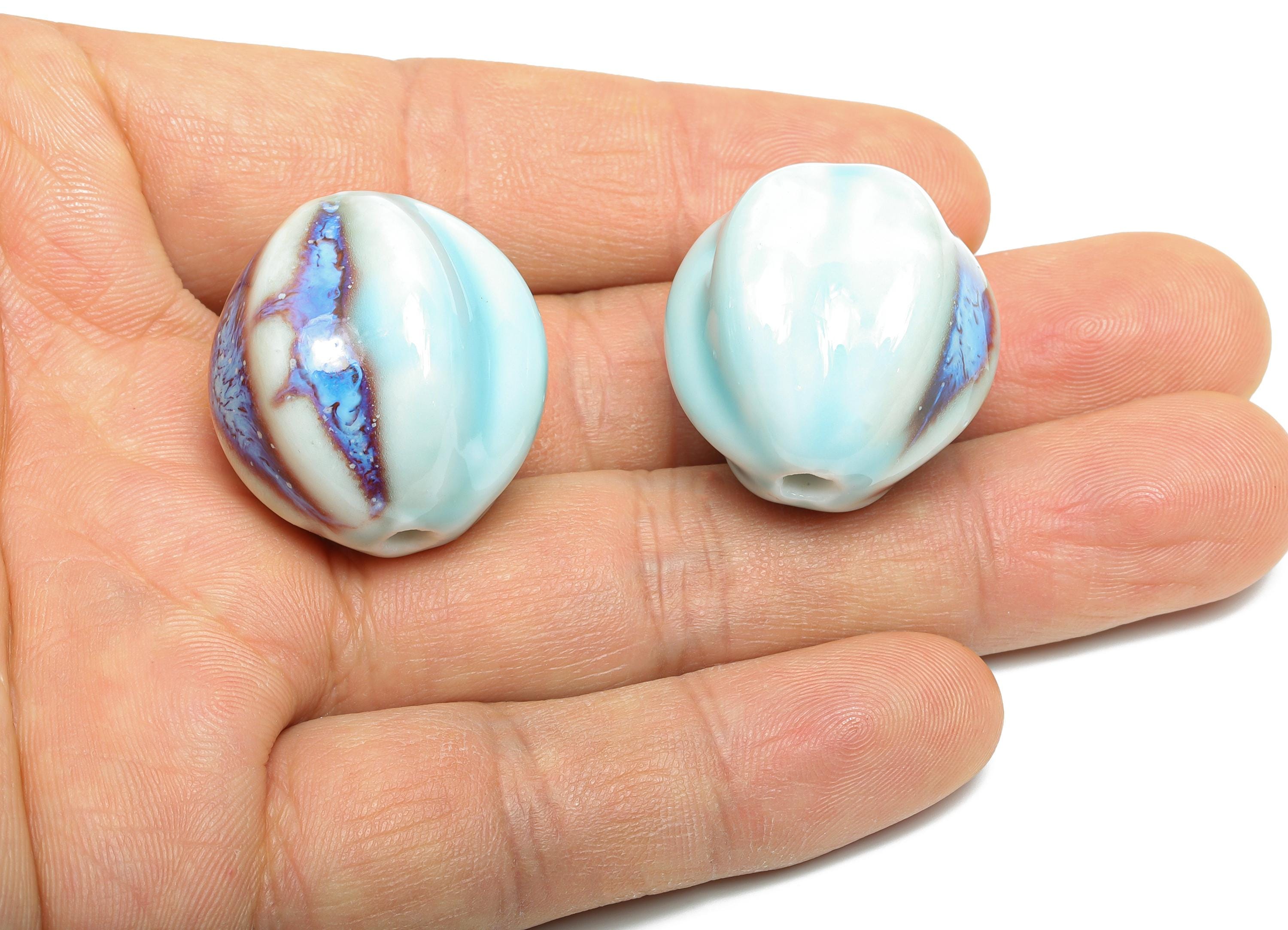 Striped Oval Ceramic Bead - Craft Beads for Necklace or Bracelet - Rustic Artisan - Textured Ceramic  Making Supplies -27x25x25.7mm - NS2817 - DOMEDBAZAAR