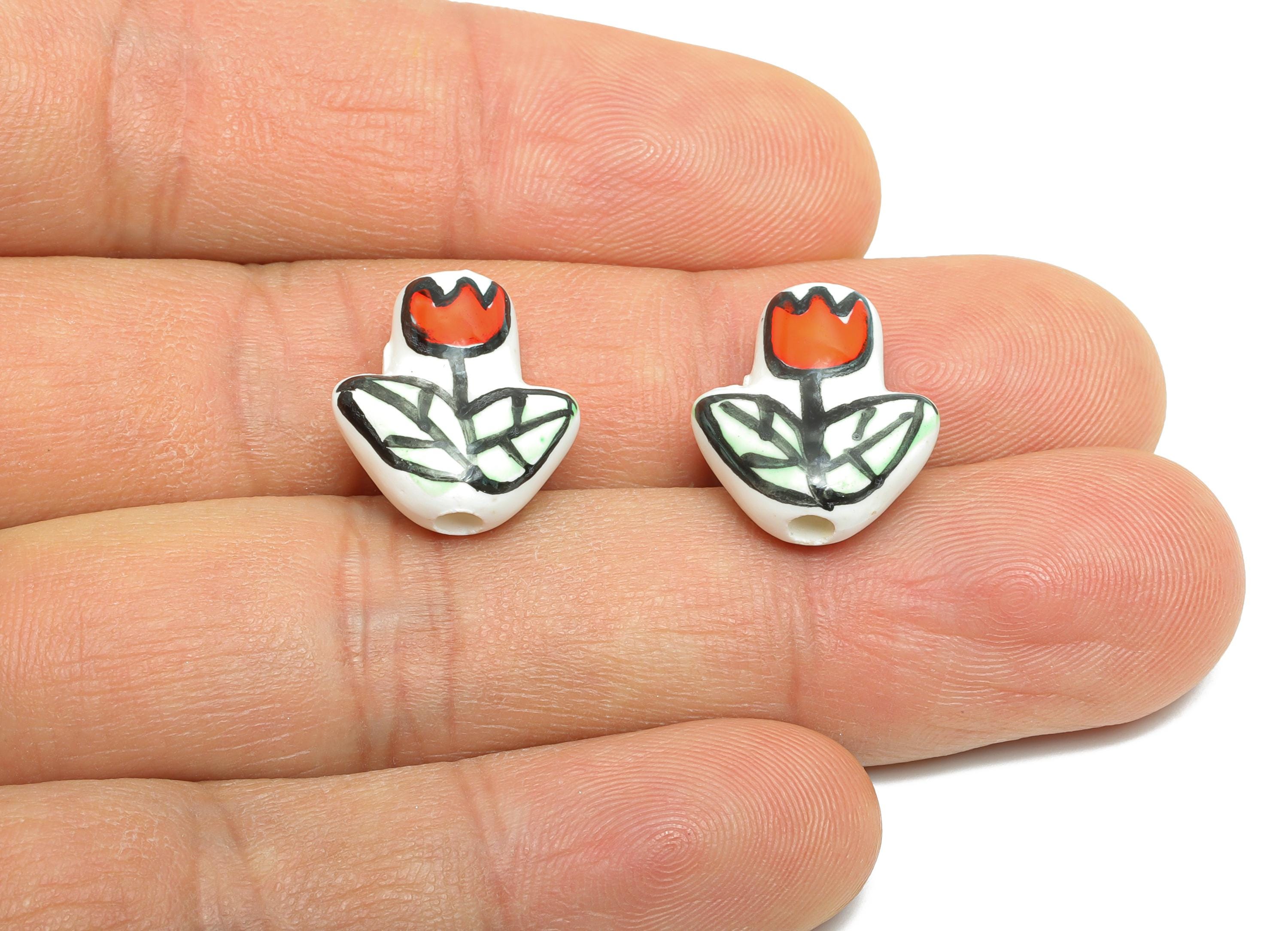 Ceramic Floral Beads - Craft Beads for Necklace or Bracelet - Red Tulip Handmade Beads - Handmade Textured Making - 16.12x14x7mm - NS2855C - DOMEDBAZAAR