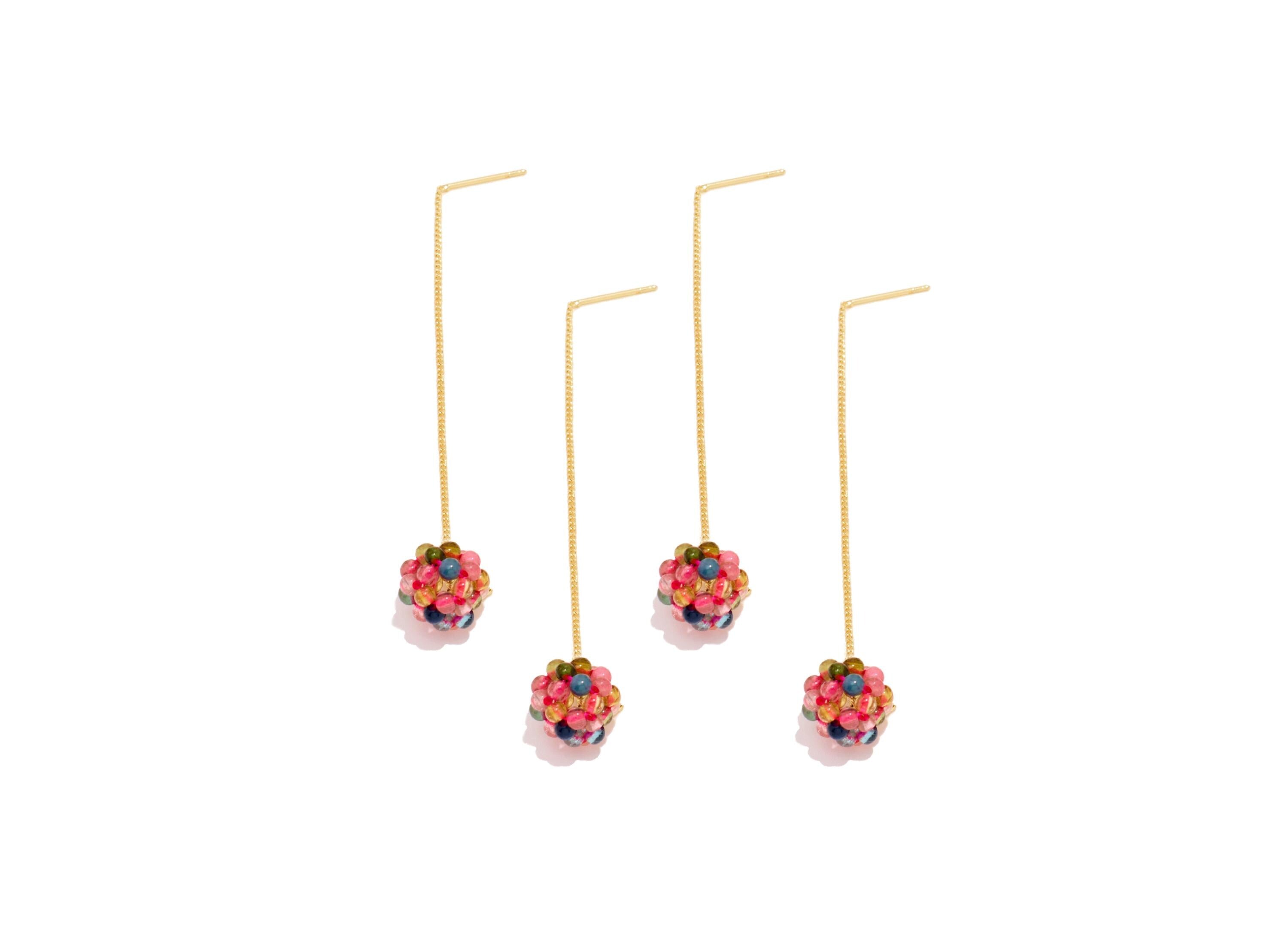 Brass Dangle Tassel Beaded Wire - Threader Chain Earring Wire - Cluster Tourmaline Beaded Ear Wire - 18K Gold Plated - 95x10x9mm - RGP10739G - DOMEDBAZAAR