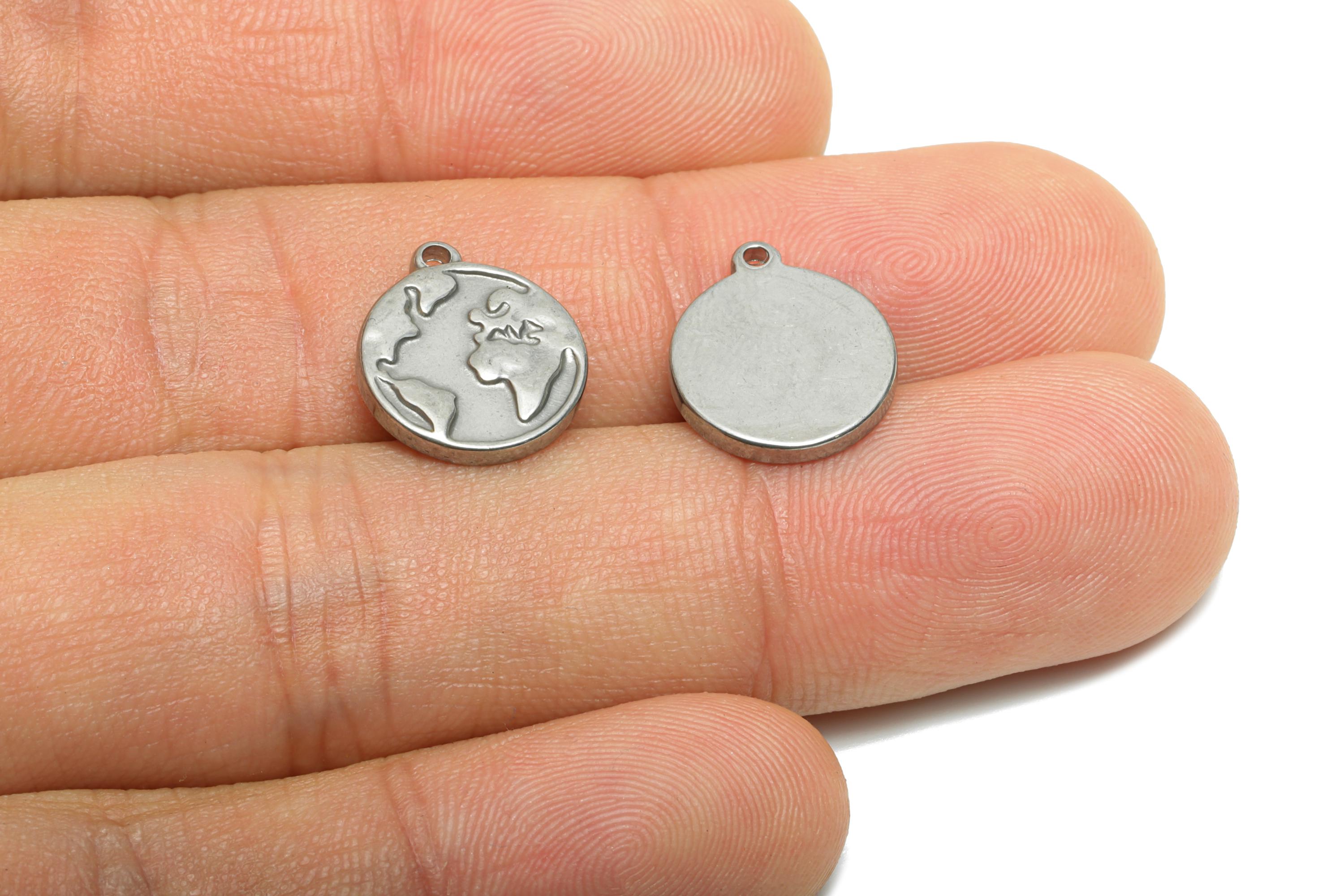 Stainless Steel Earth Charms - Round Steel Globe Pendant - Minimalist Planet Design - Dainty World Map Jewelry - 14.38x12.33x1.97mm - SS2045 - DOMEDBAZAAR